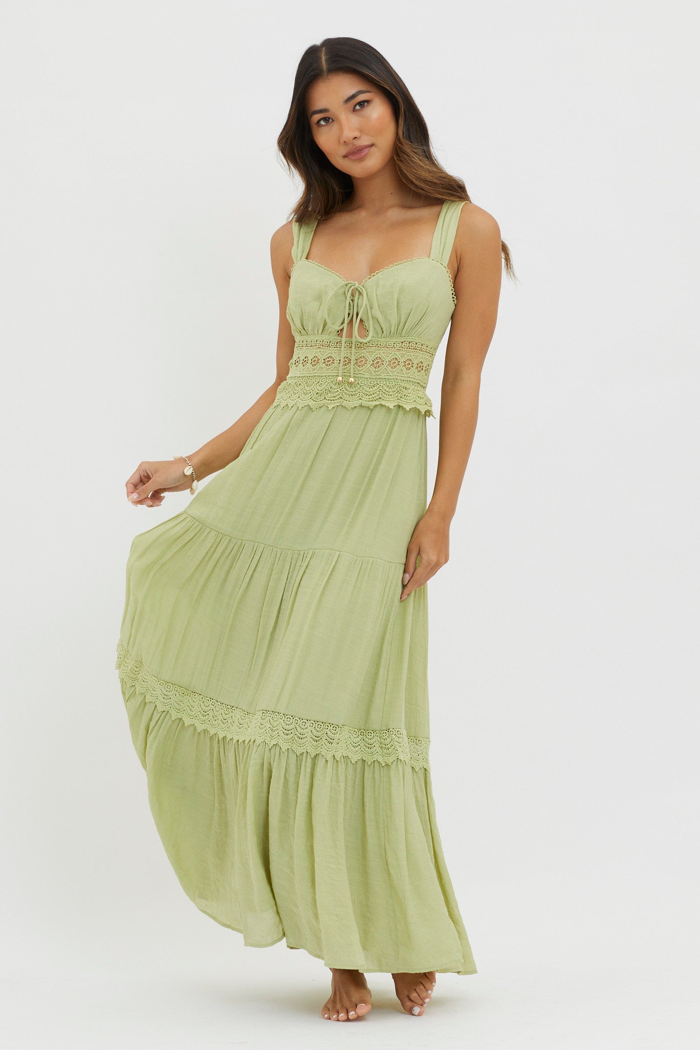 Libby Crochet Lace Waist Maxi Dress Green by Selfie Leslie