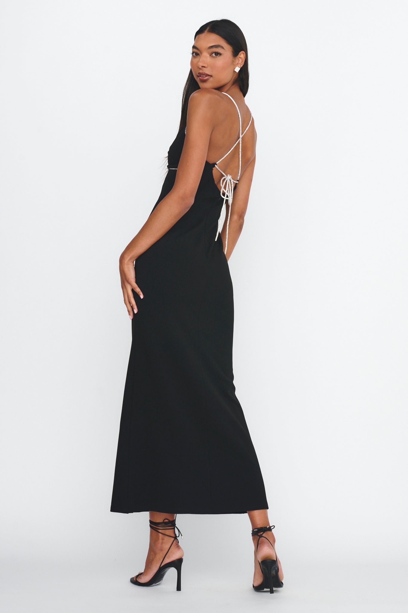 Harleigh Diamante Strap Tied Back Dress Black - L Harleigh Diamante Strap Tied Back Dress Black - L
