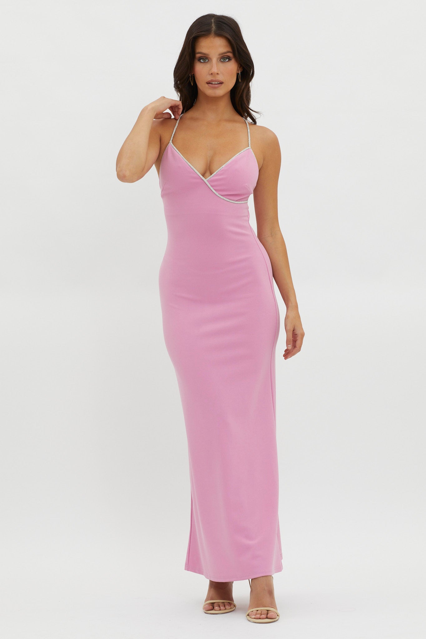 Harleigh Diamante Strap Tied Back Dress Pink by Selfie Leslie
