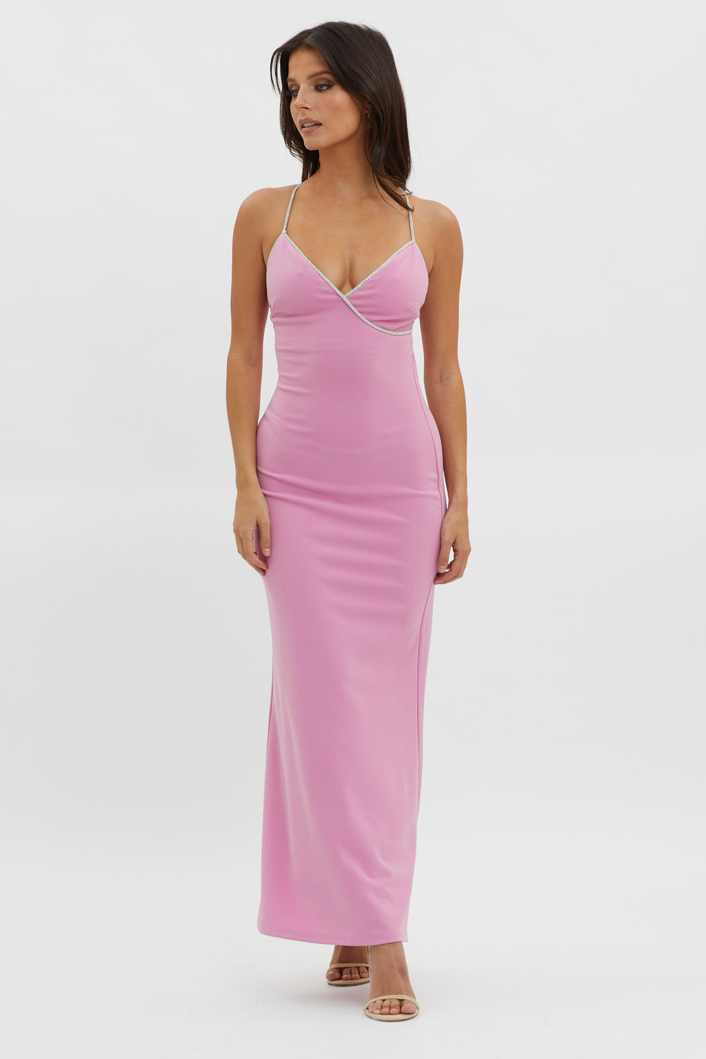 Harleigh Diamante Strap Tied Back Dress Pink by Selfie Leslie