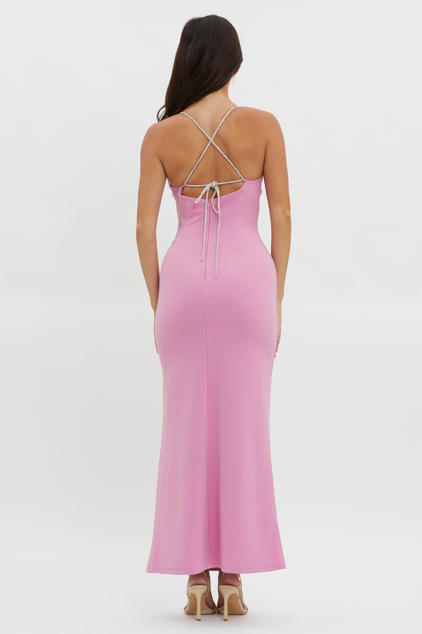 Harleigh Diamante Strap Tied Back Dress Pink by Selfie Leslie