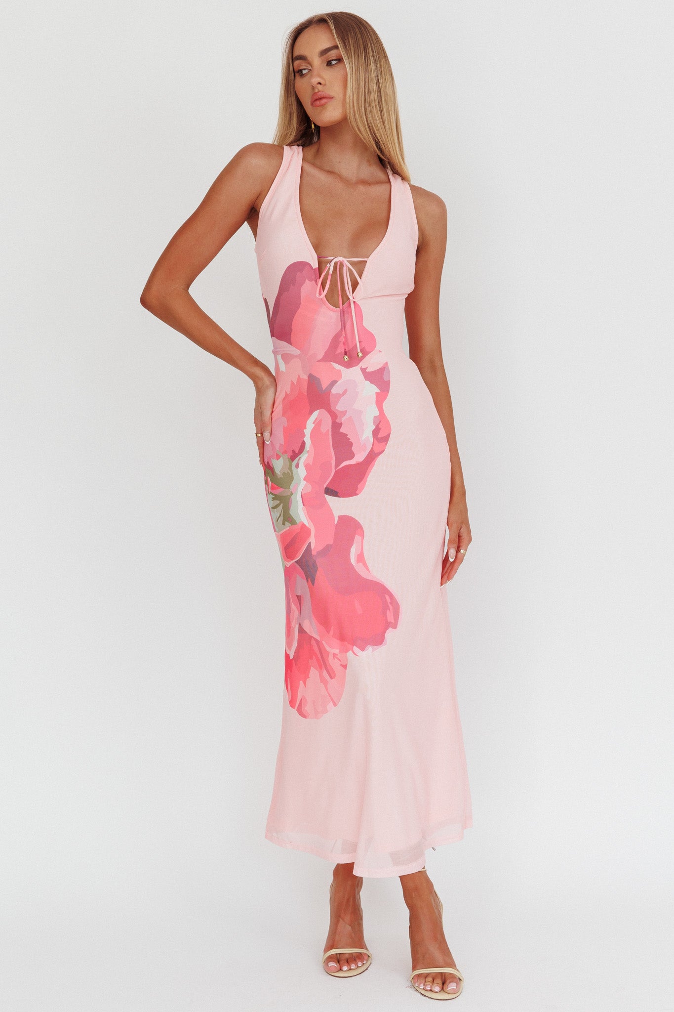 Cinders Tied Plunging Neckline Maxi Dress Flower Pink by Selfie Leslie
