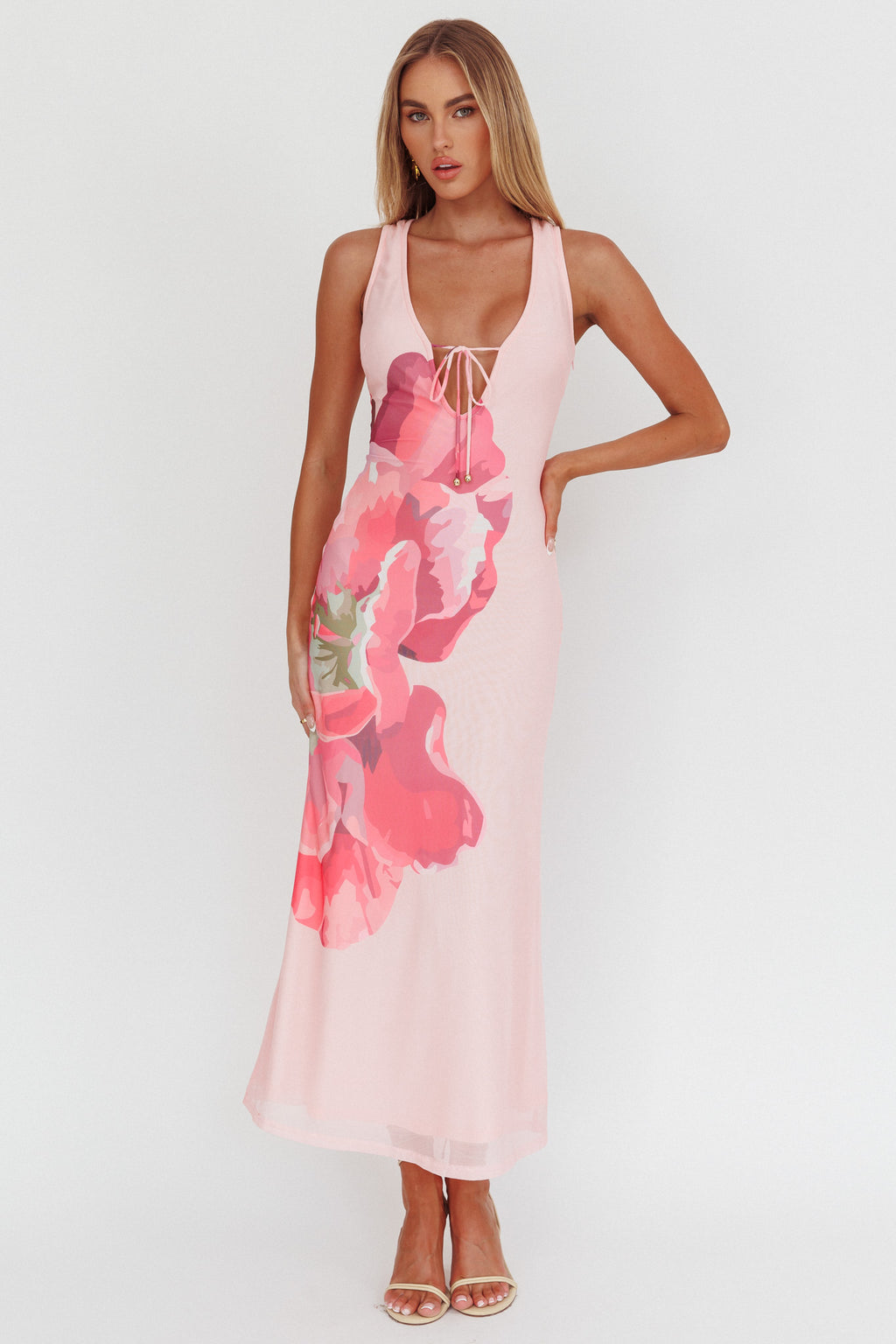 Cinders Tied Plunging Neckline Maxi Dress Flower Pink by Selfie Leslie