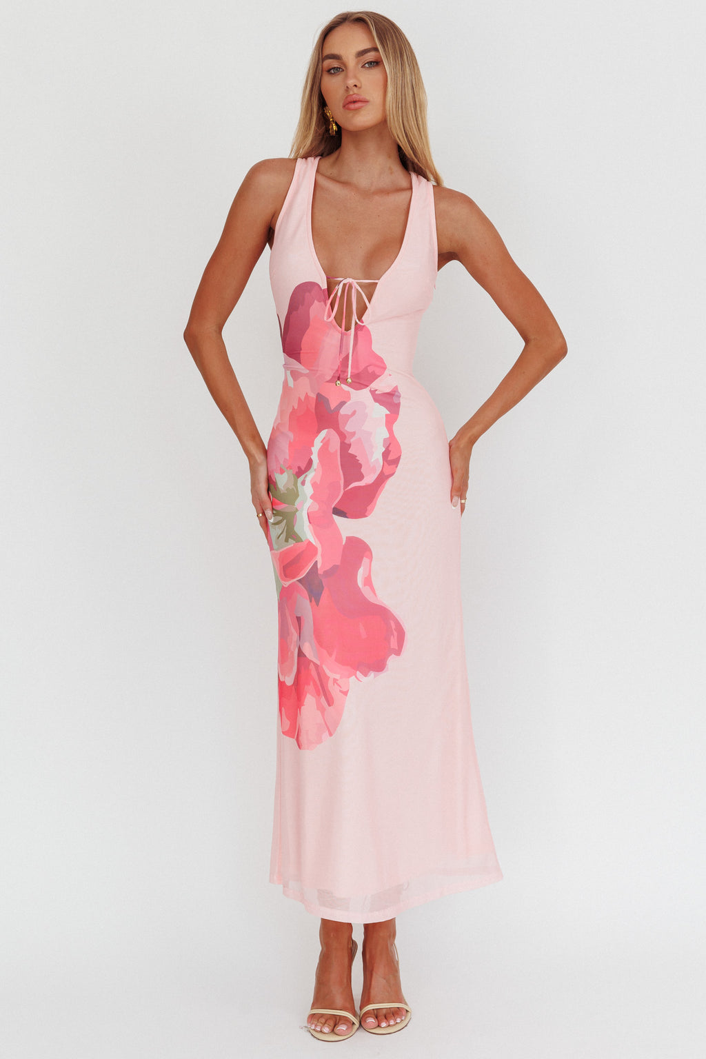 Cinders Tied Plunging Neckline Maxi Dress Flower Pink by Selfie Leslie