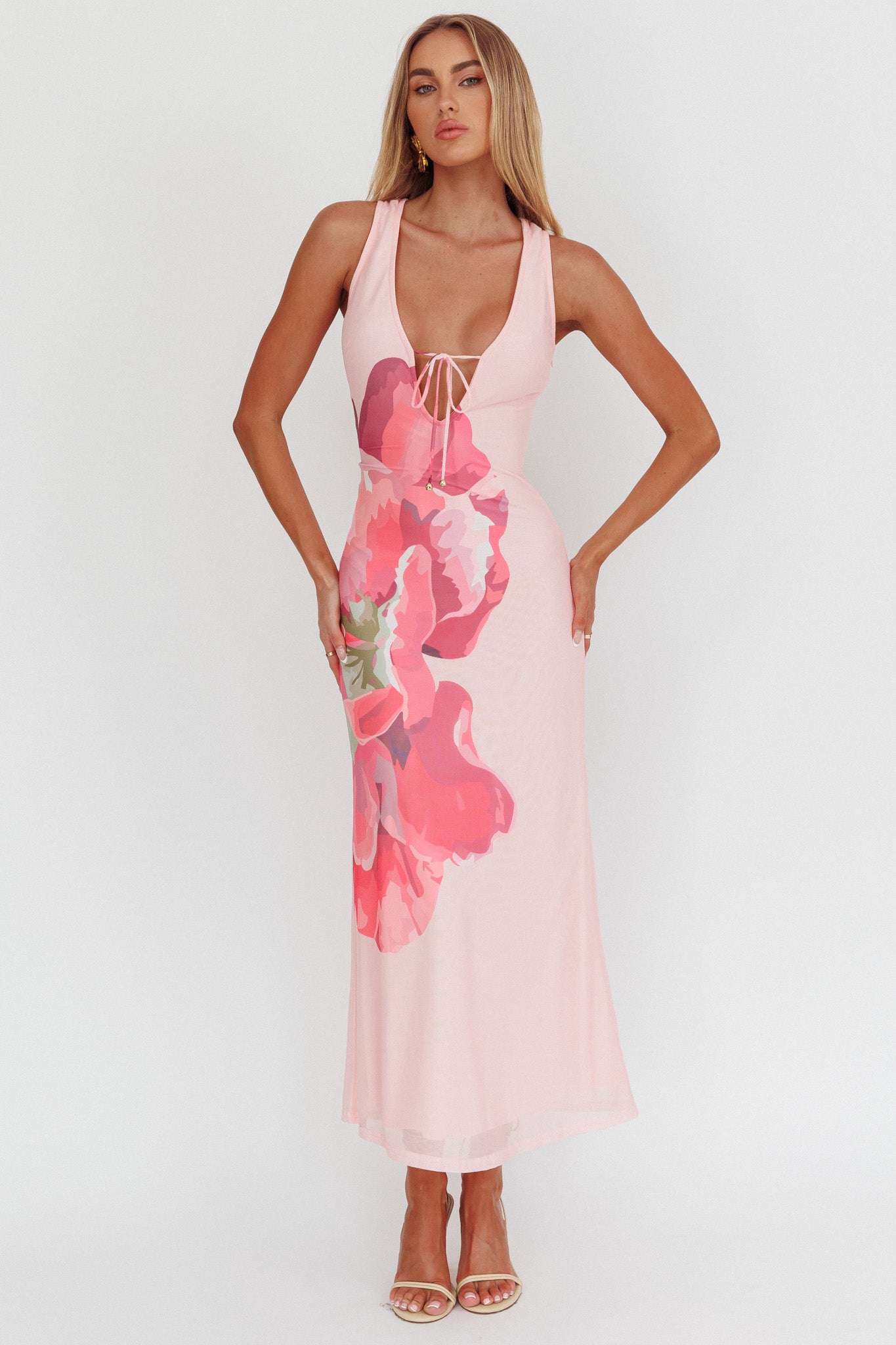 Cinders Tied Plunging Neckline Maxi Dress Flower Pink by Selfie Leslie