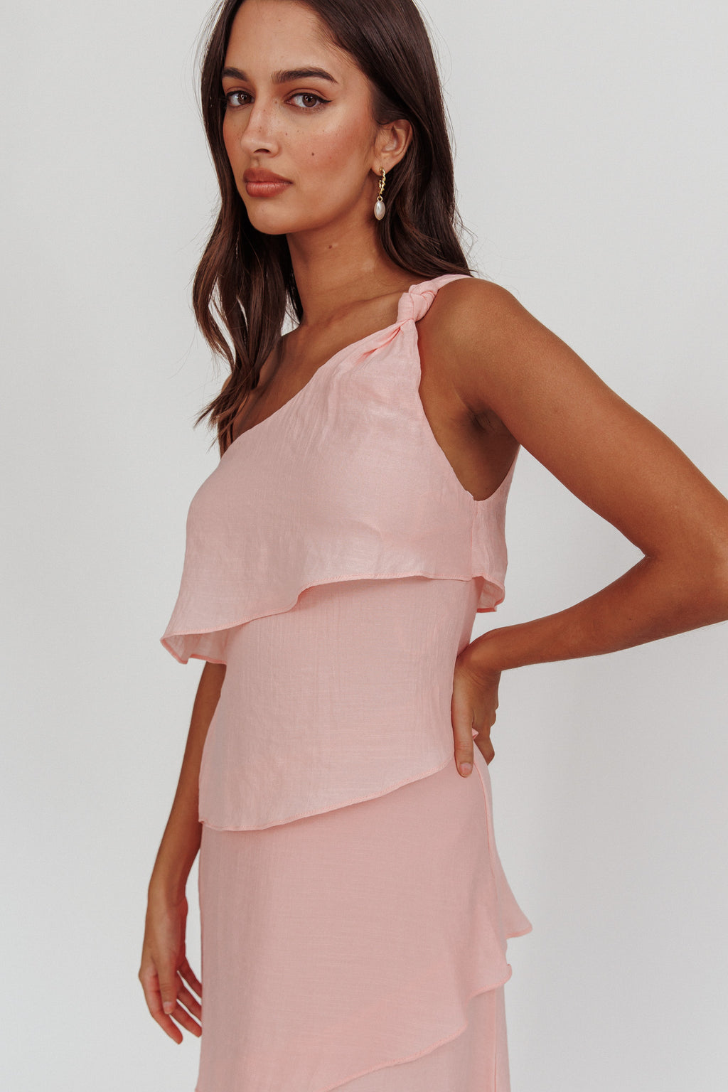 Delwyn One-Shoulder Maxi Dress Baby Pink by Selfie Leslie