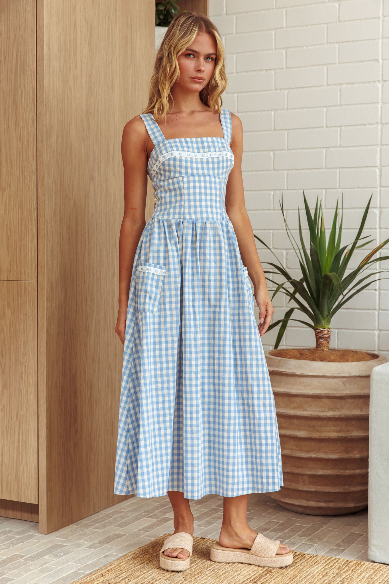 Elderflower Front Pocket Maxi Dress Gingham Baby Blue | Selfie Leslie