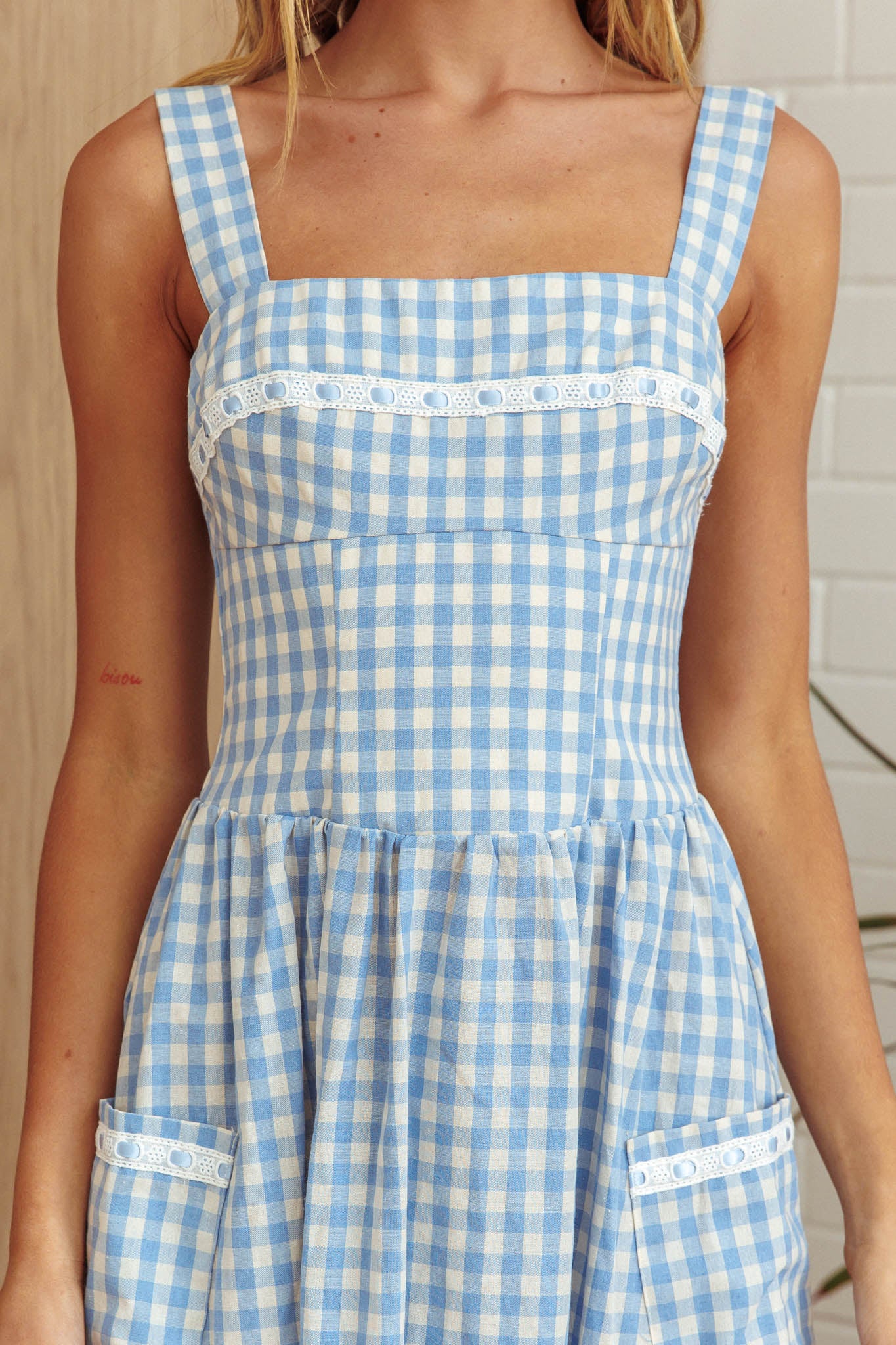 Elderflower Front Pocket Maxi Dress Gingham Baby Blue by Selfie Leslie