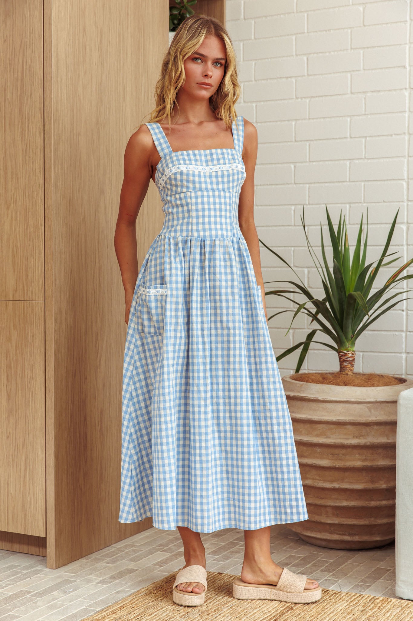 Elderflower Front Pocket Maxi Dress Gingham Baby Blue by Selfie Leslie