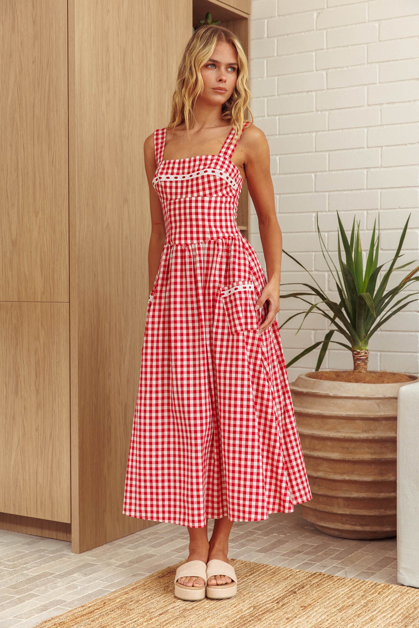 Elderflower Front Pocket Maxi Dress Gingham Red by Selfie Leslie
