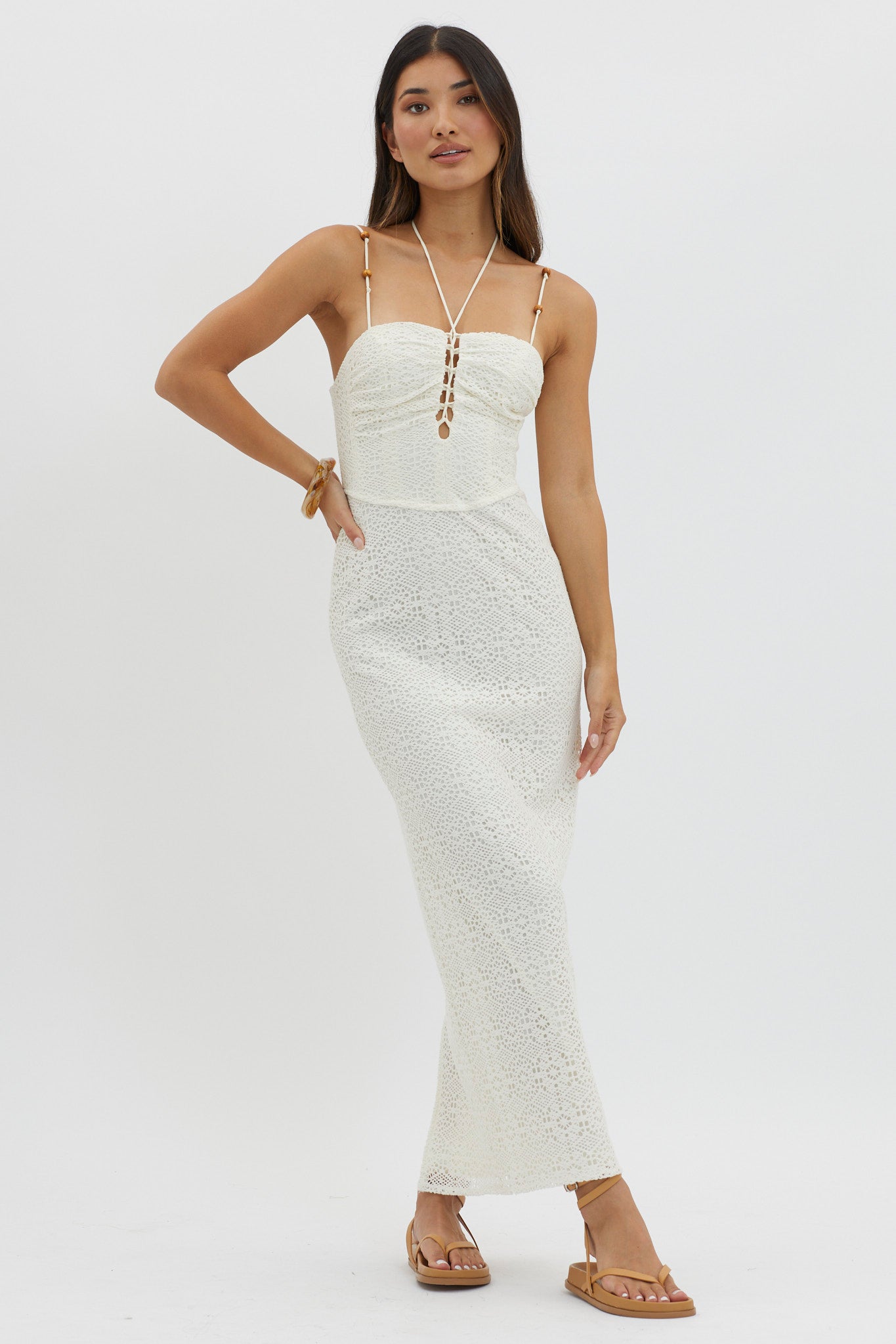 Namaste Bead Strap Lace Midi Dress White by Selfie Leslie