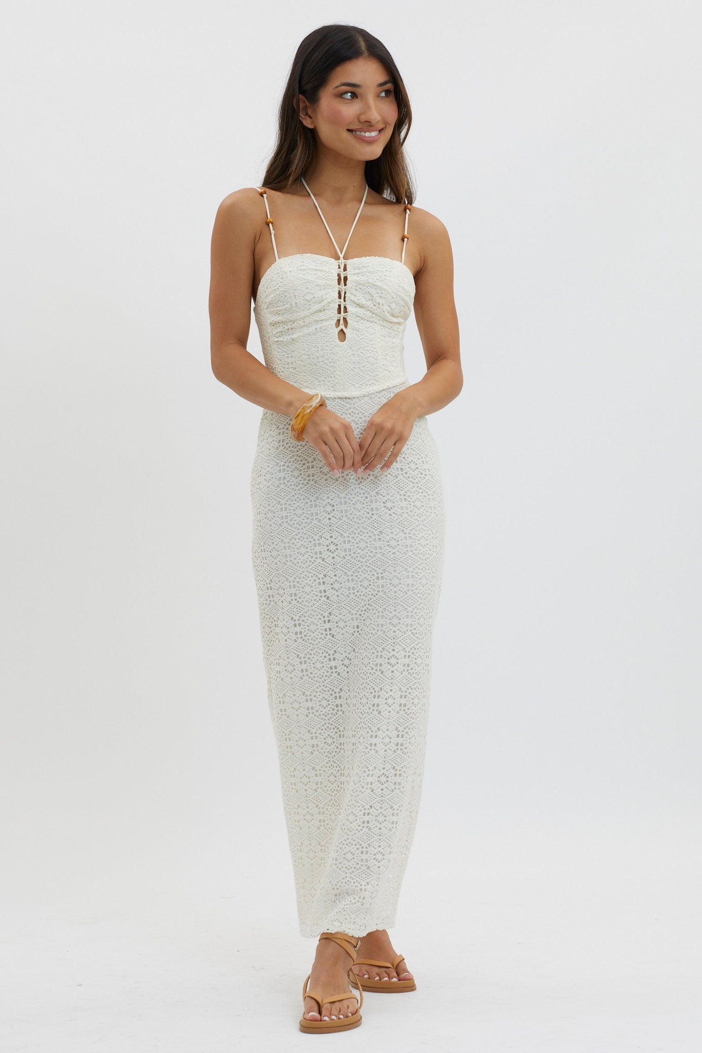 Namaste Bead Strap Lace Midi Dress White by Selfie Leslie