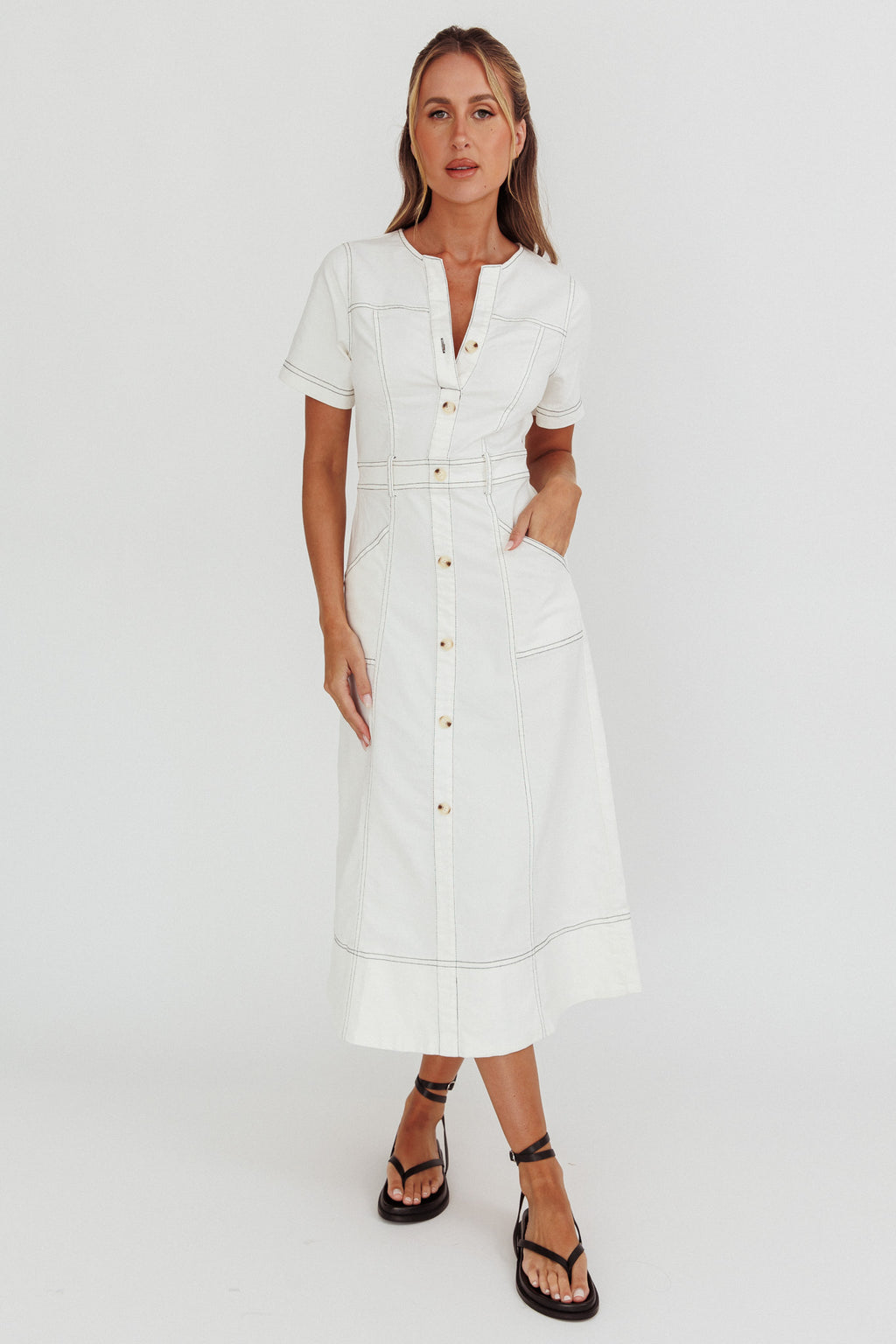 Aspen Love Front Pocket Midi Dress White by Selfie Leslie