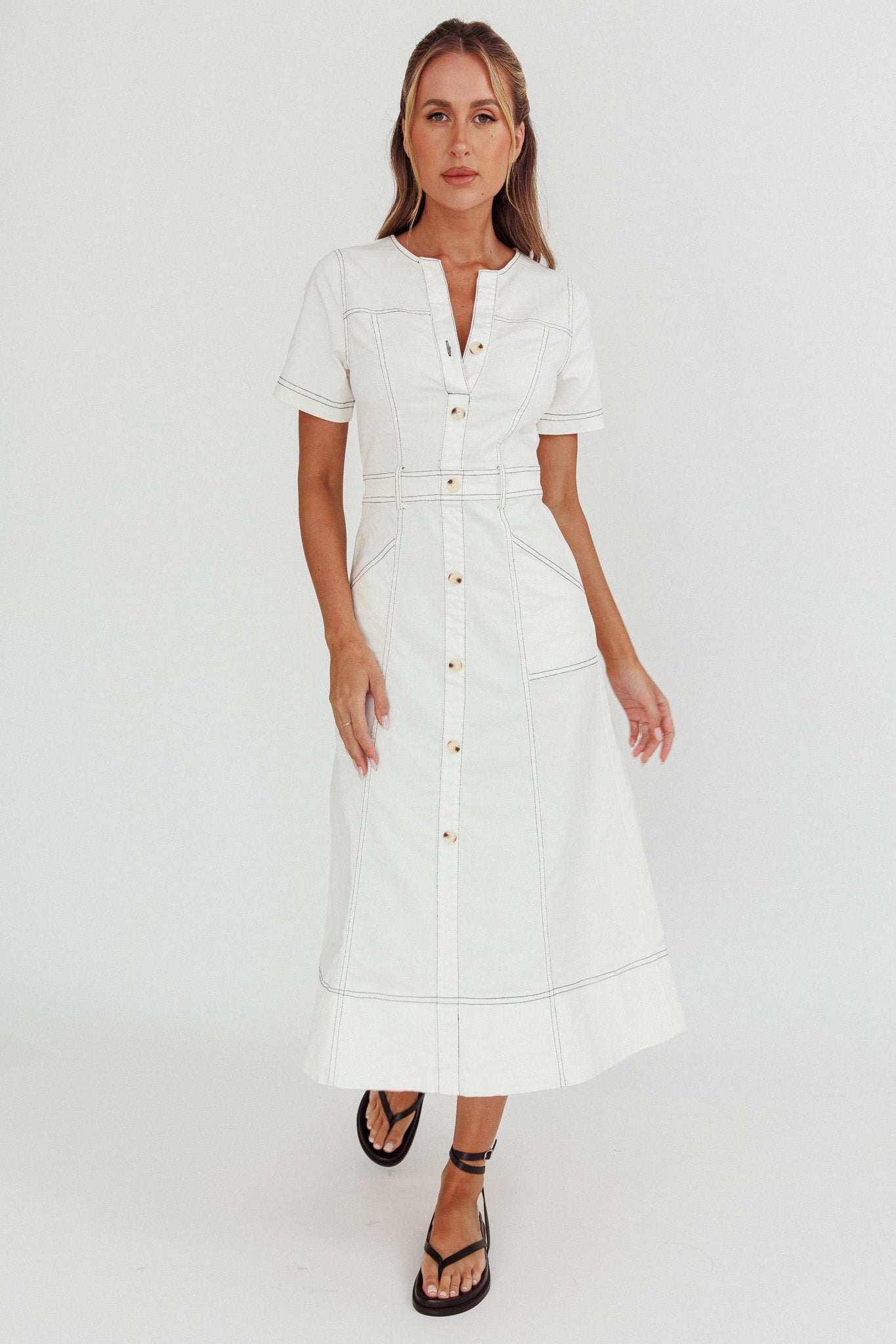 Aspen Love Front Pocket Midi Dress White by Selfie Leslie