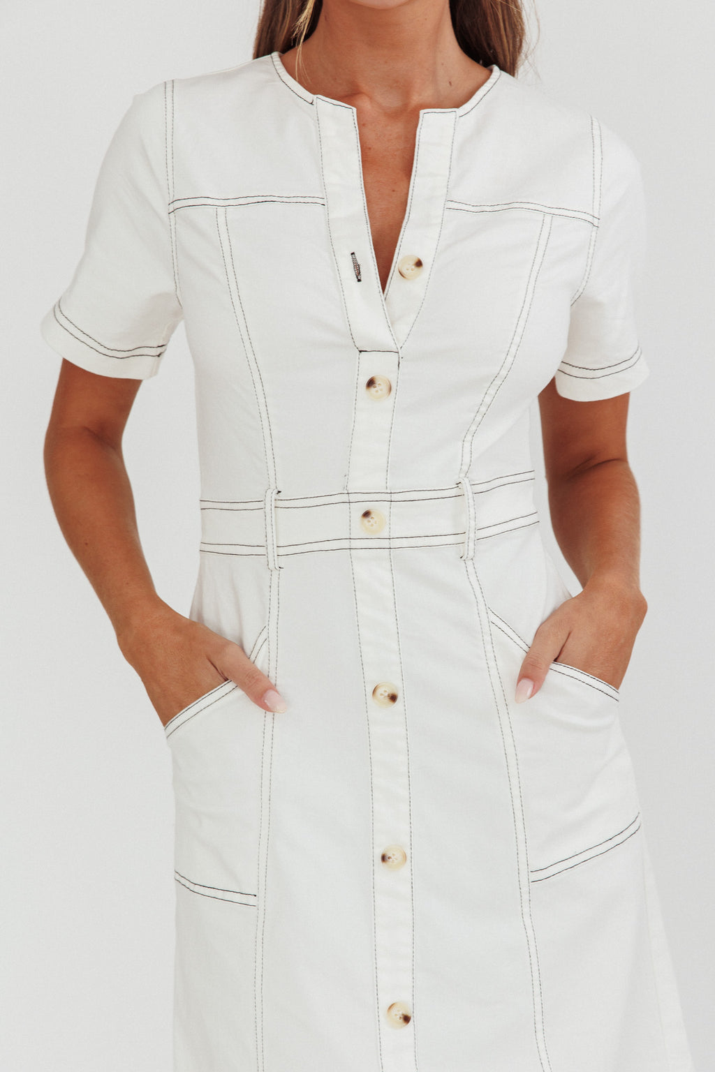 Aspen Love Front Pocket Midi Dress White by Selfie Leslie
