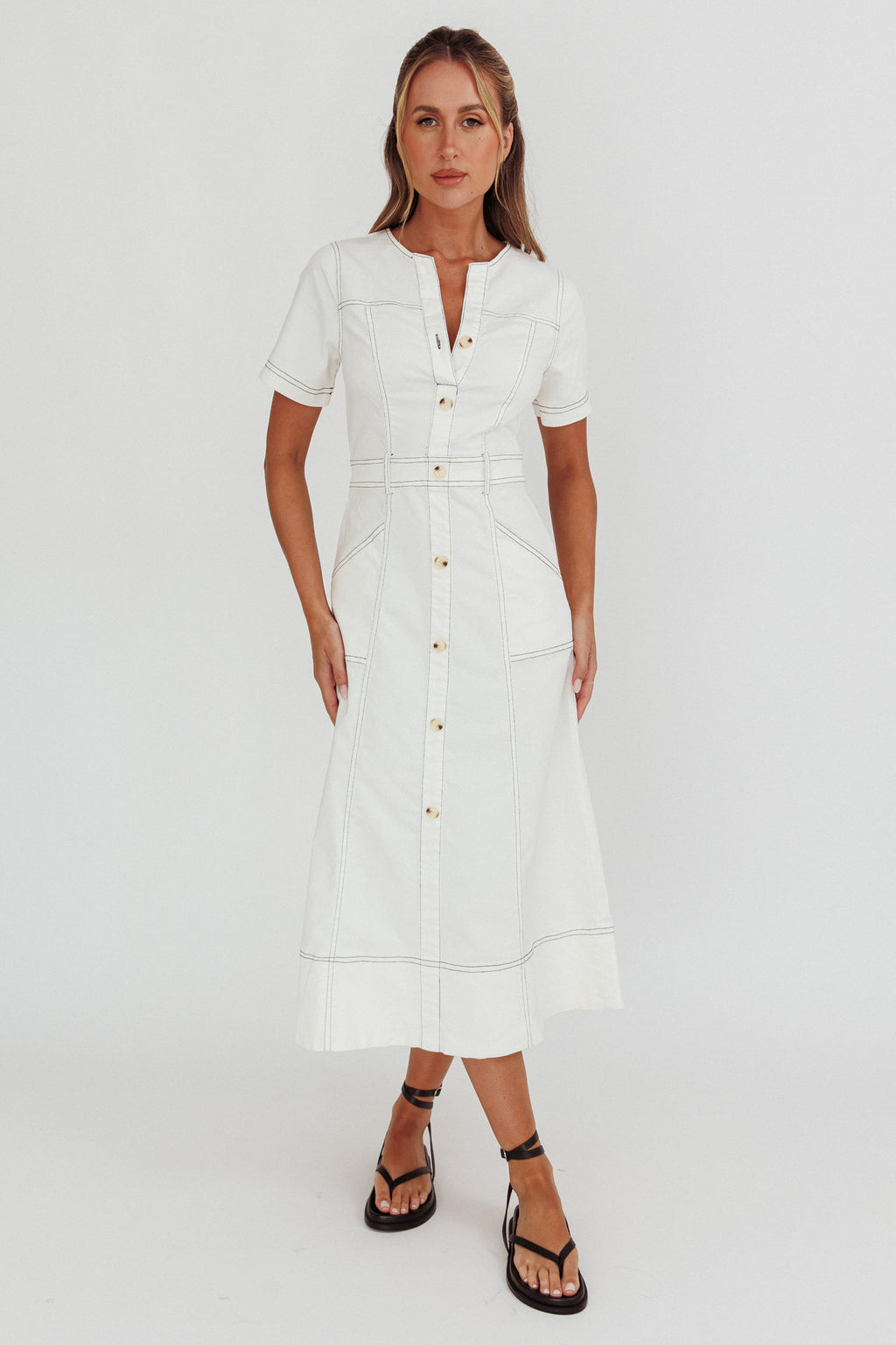 Aspen Love Front Pocket Midi Dress White by Selfie Leslie