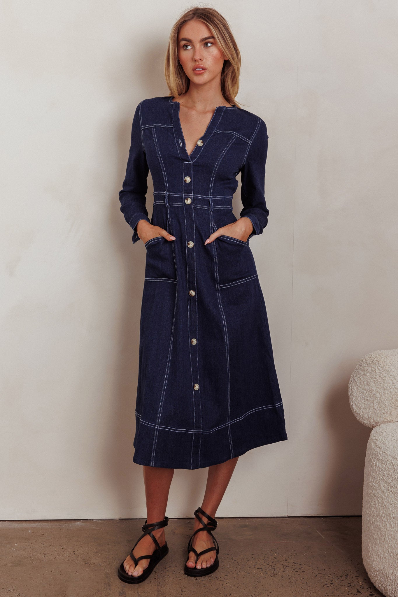 Shop the Aspen Love Front Pocket Long Sleeve Midi Dress Indigo