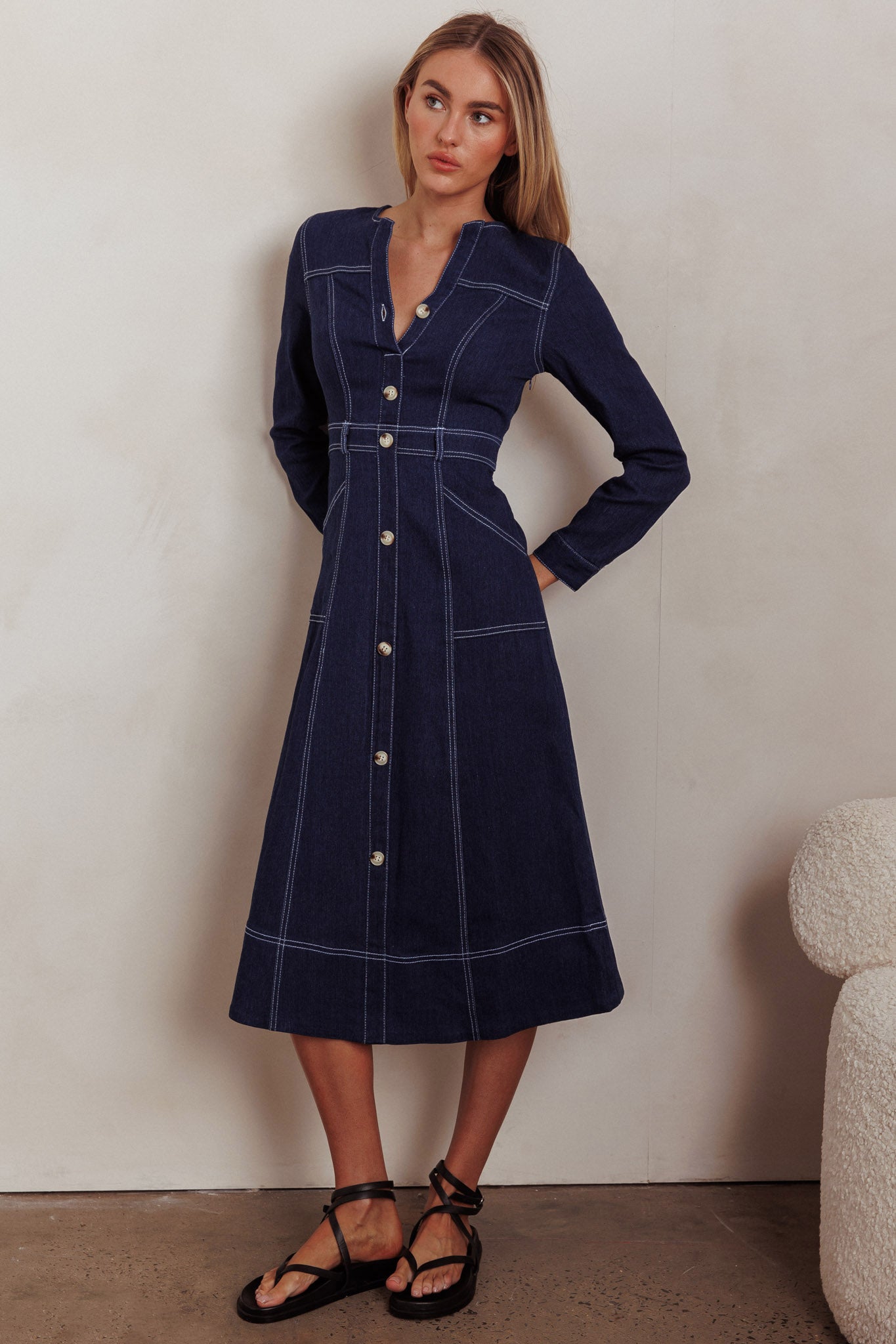 Aspen Love Front Pocket Long Sleeve Midi Dress Indigo– Selfie Leslie