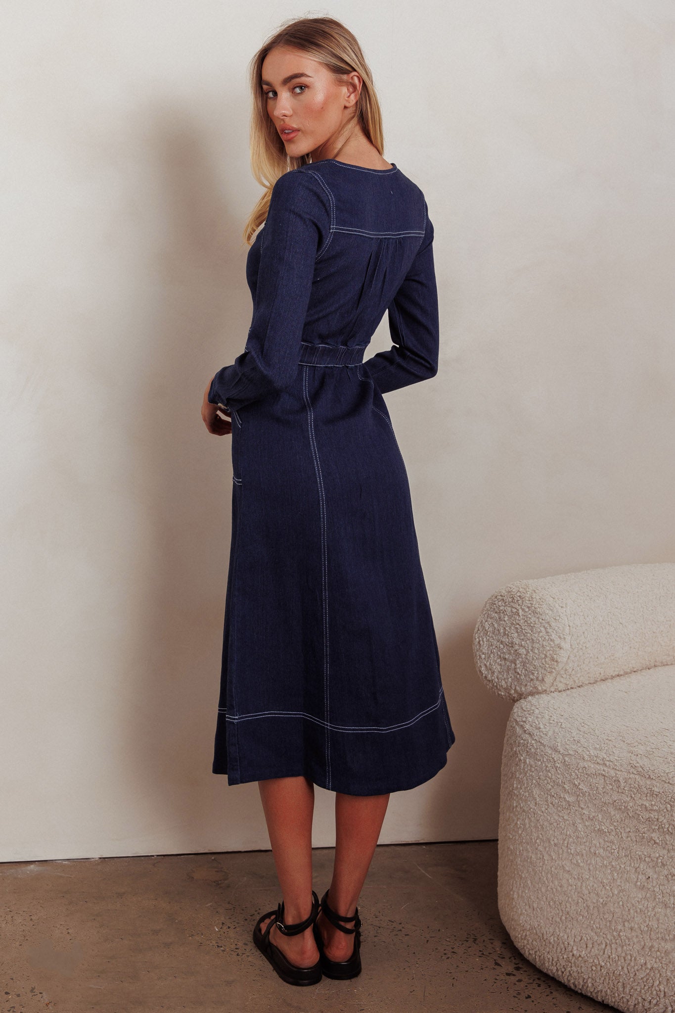 navy blue long sleeve midi dress Aspen Love Front Pocket Long Sleeve Midi Dress Indigo