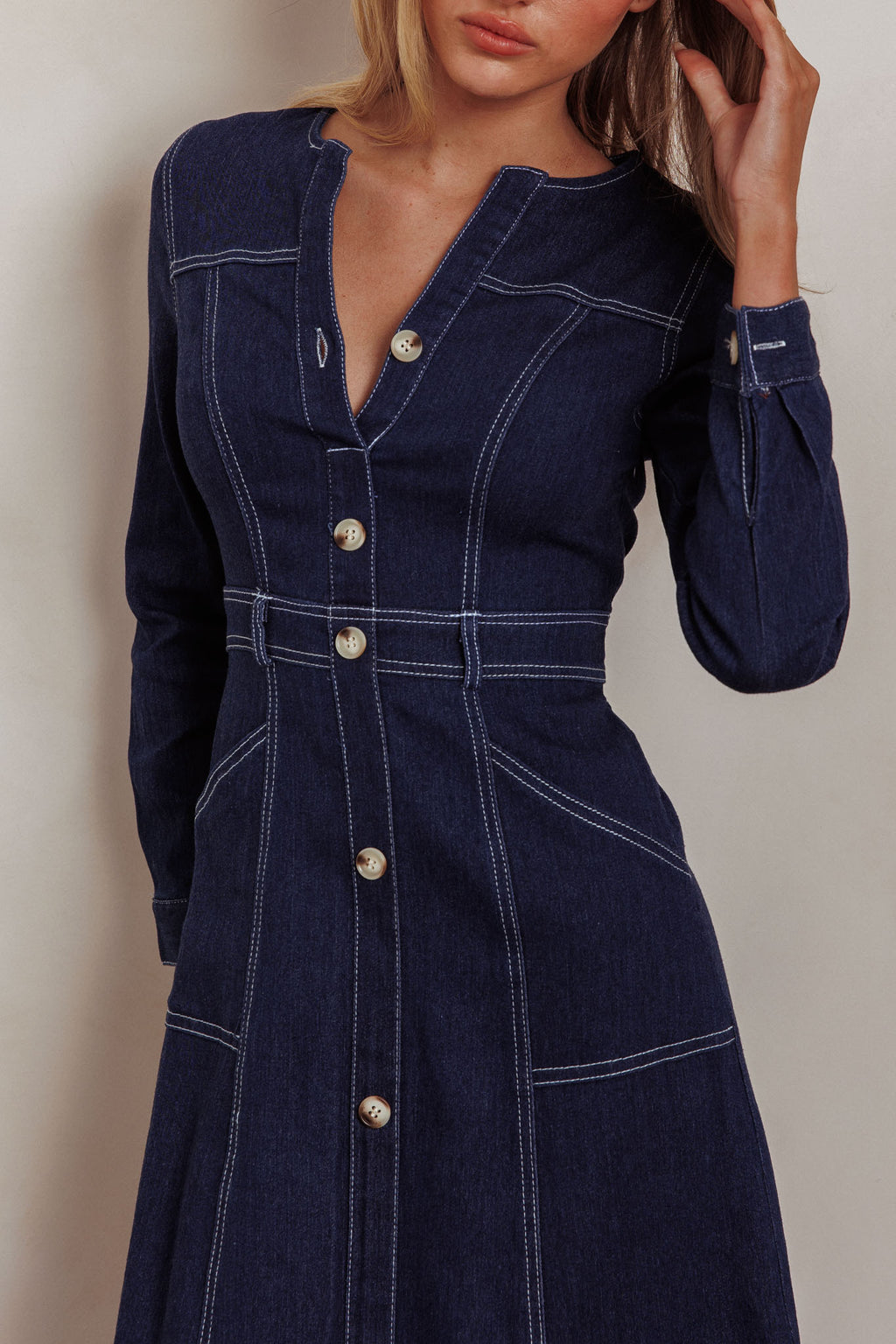 Aspen Love Front Pocket Long Sleeve Midi Dress Indigo by Selfie Leslie