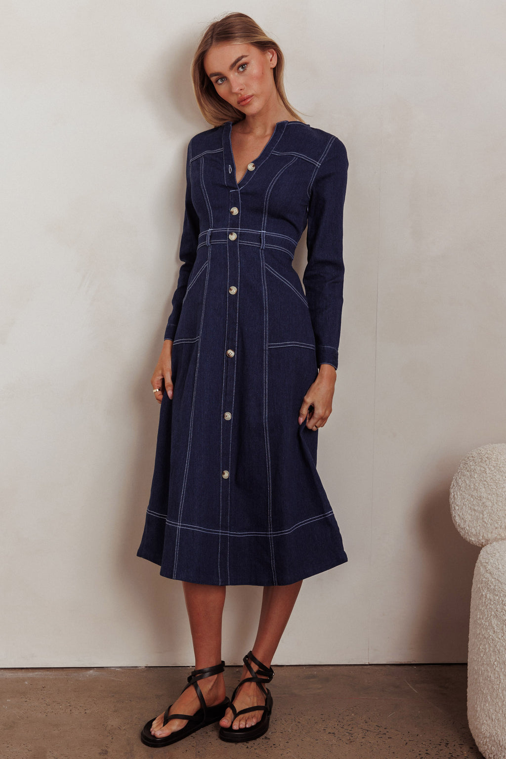 Aspen Love Front Pocket Long Sleeve Midi Dress Indigo by Selfie Leslie