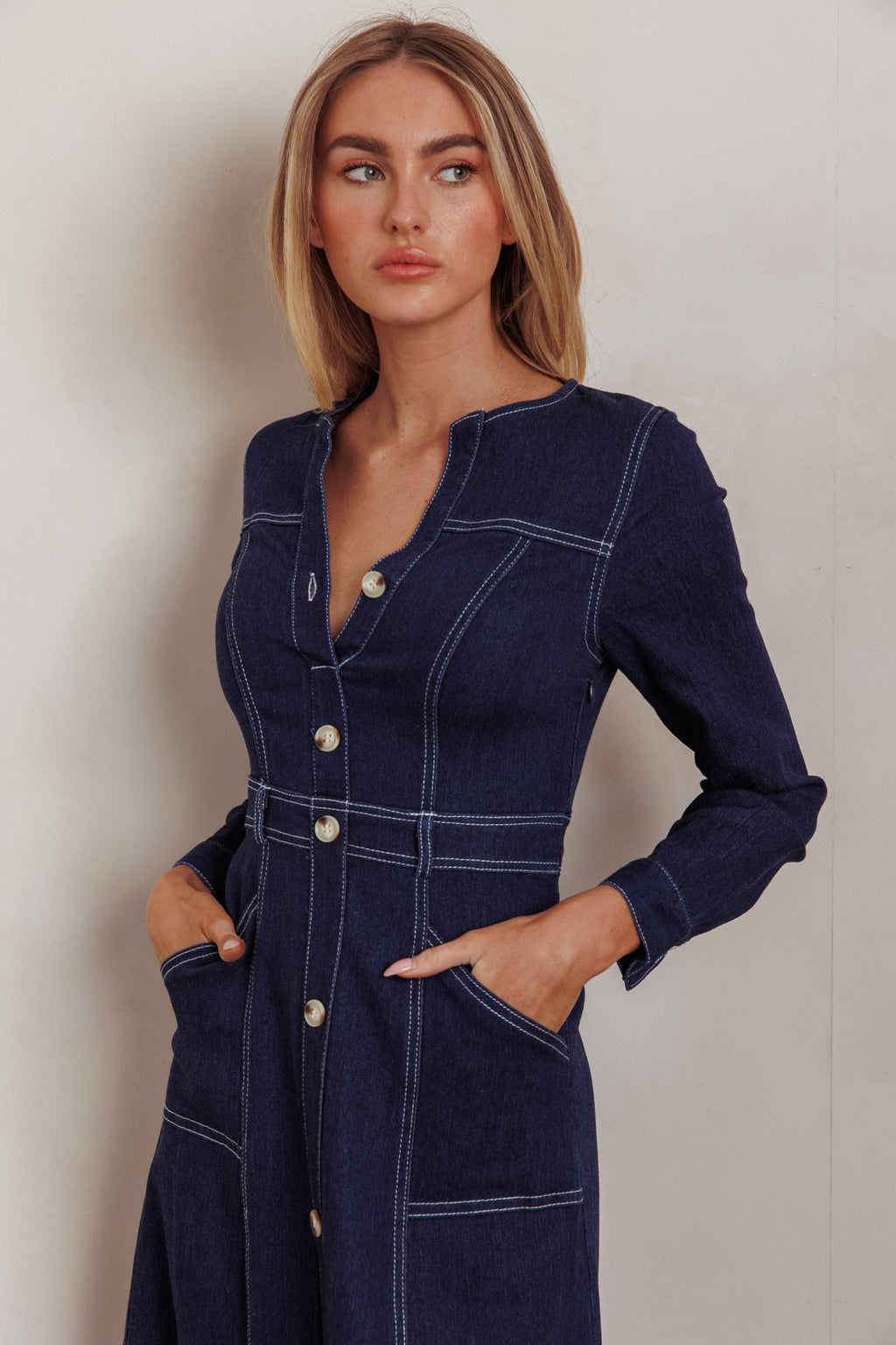 Aspen Love Front Pocket Long Sleeve Midi Dress Indigo by Selfie Leslie