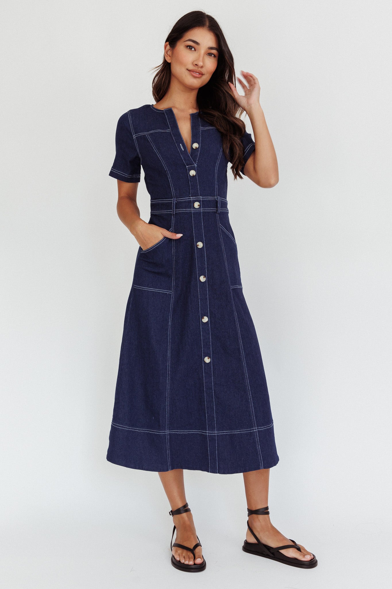Aspen Love Front Pocket Midi Dress Indigo by Selfie Leslie