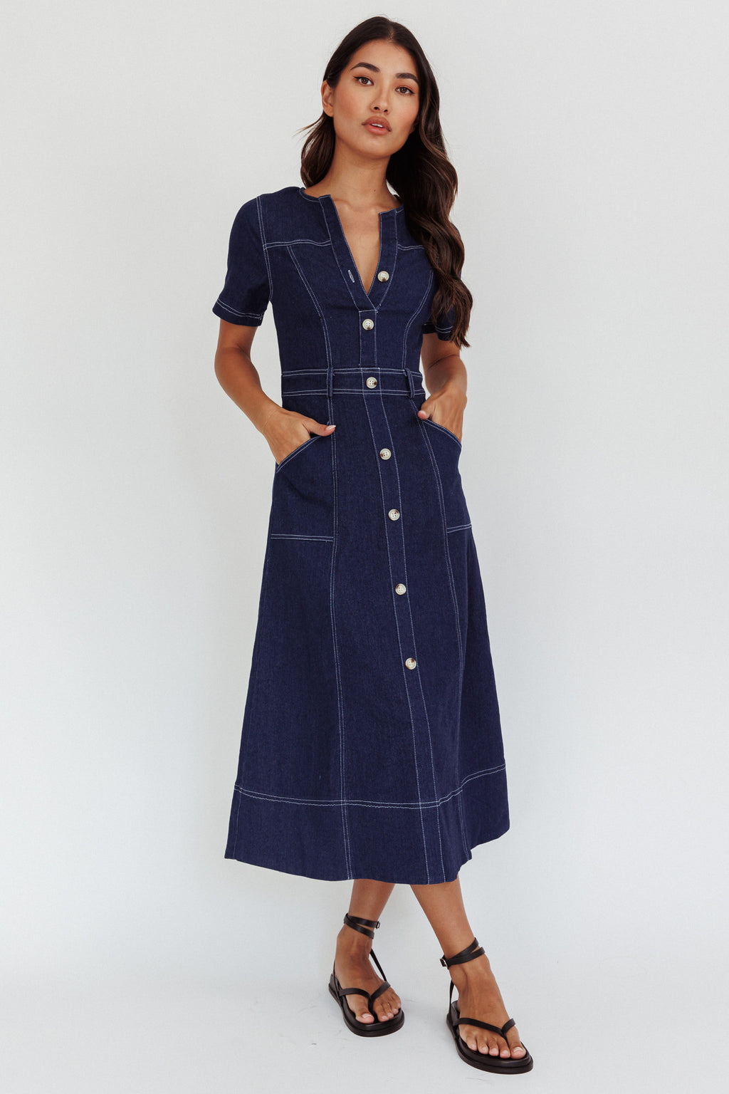 Aspen Love Front Pocket Midi Dress Indigo by Selfie Leslie