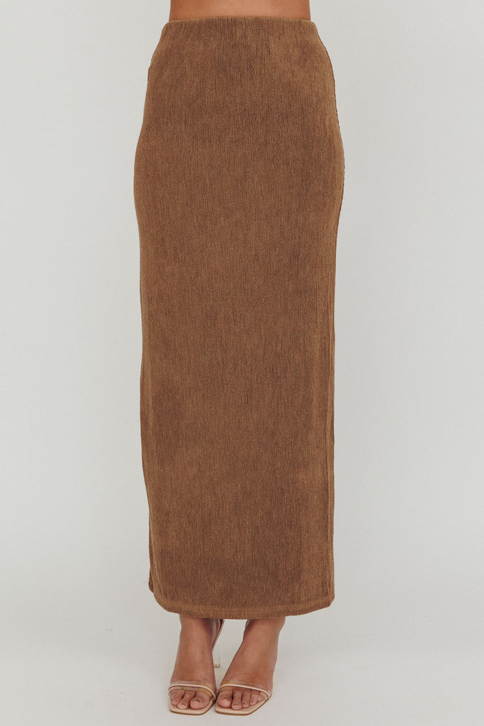 Shop the Calculated Ribbed Knit Maxi Skirt Brown