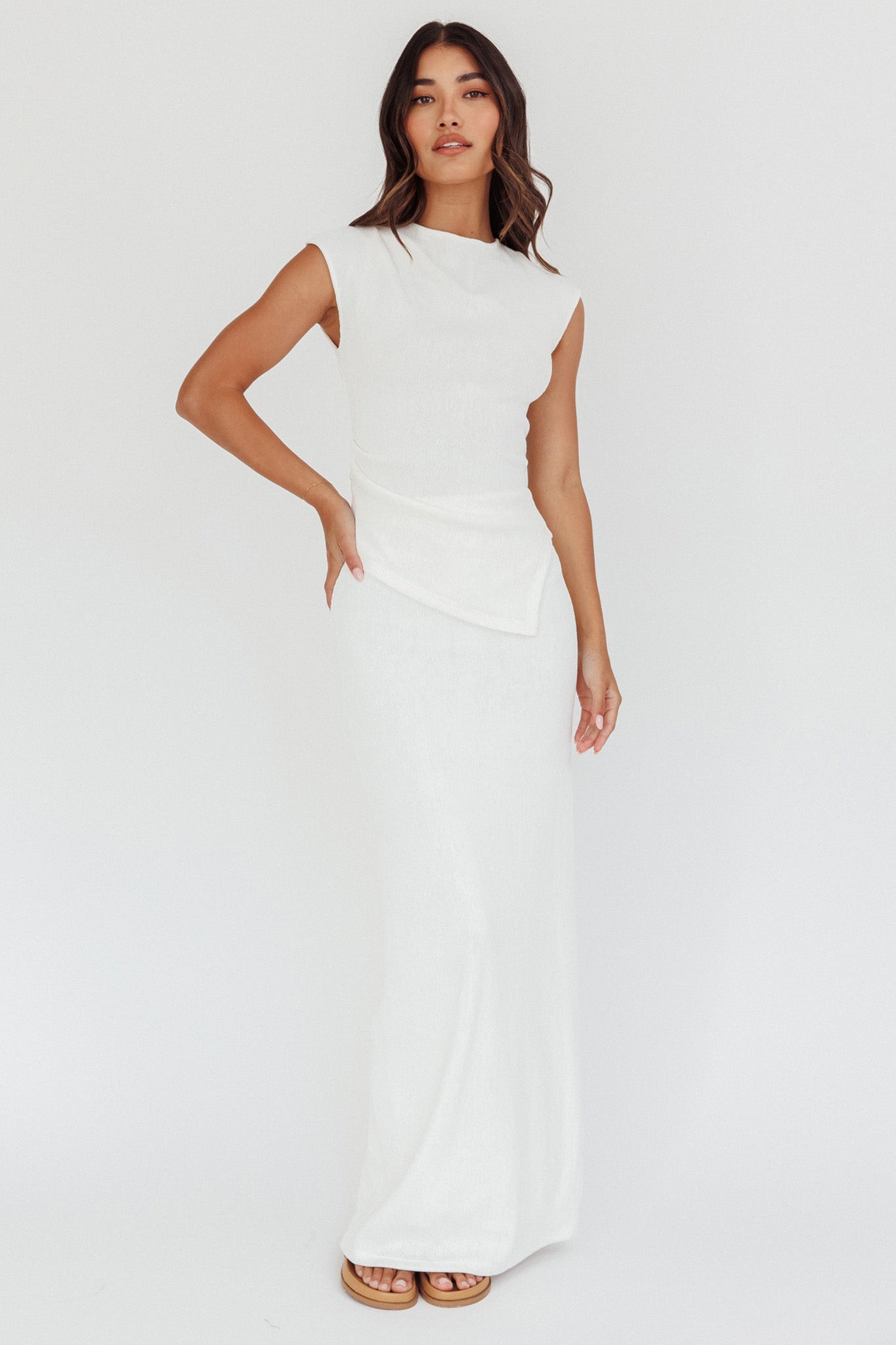 Calculated Ribbed Knit Maxi Skirt White by Selfie Leslie