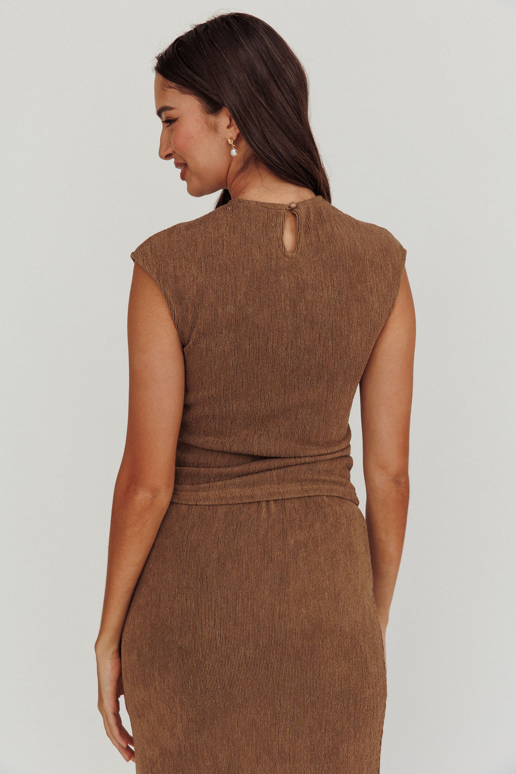 Calculated Cap Sleeve Ribbed Knit Top Brown by Selfie Leslie