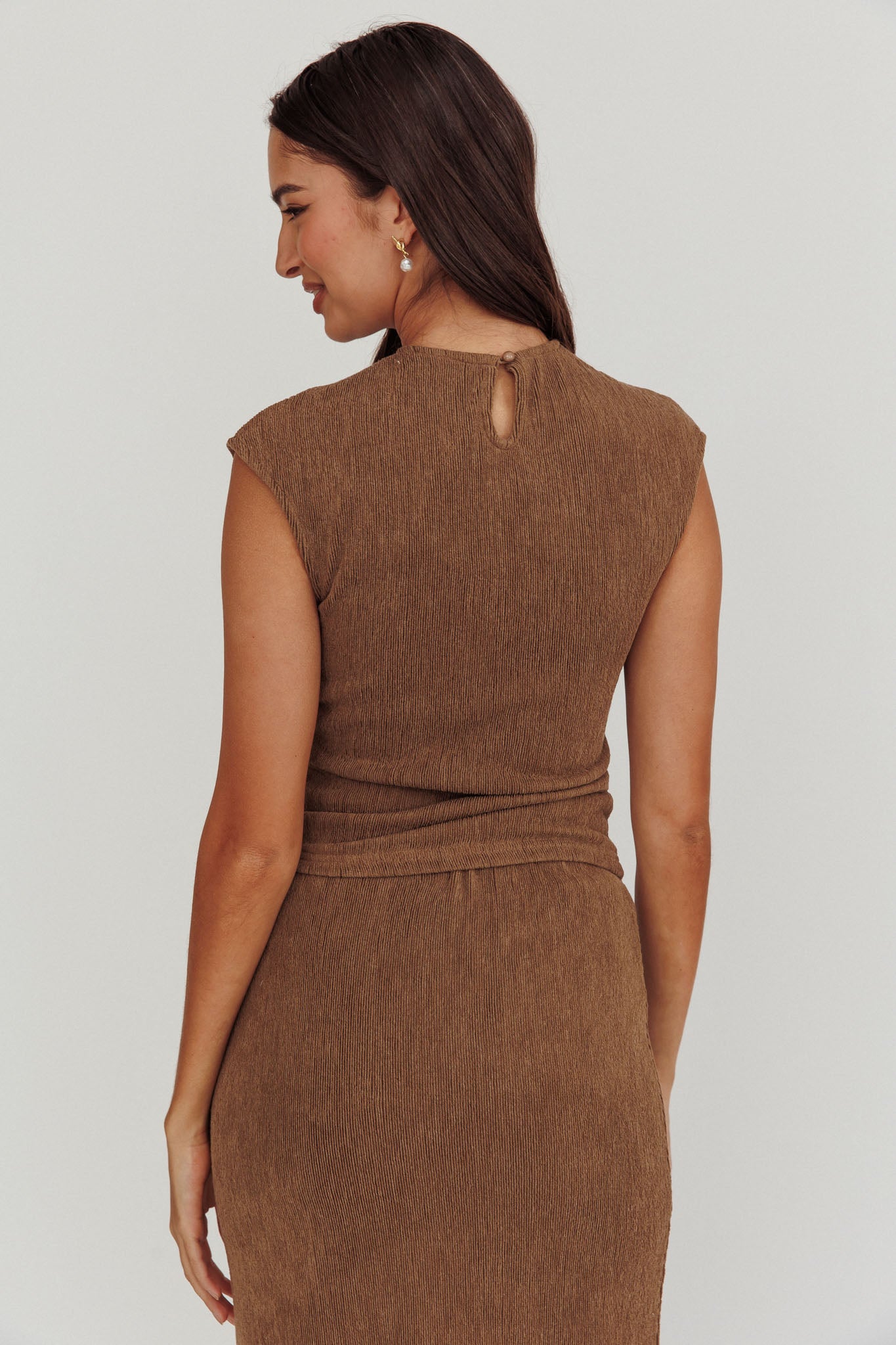 Calculated Cap Sleeve Ribbed Knit Top Brown by Selfie Leslie