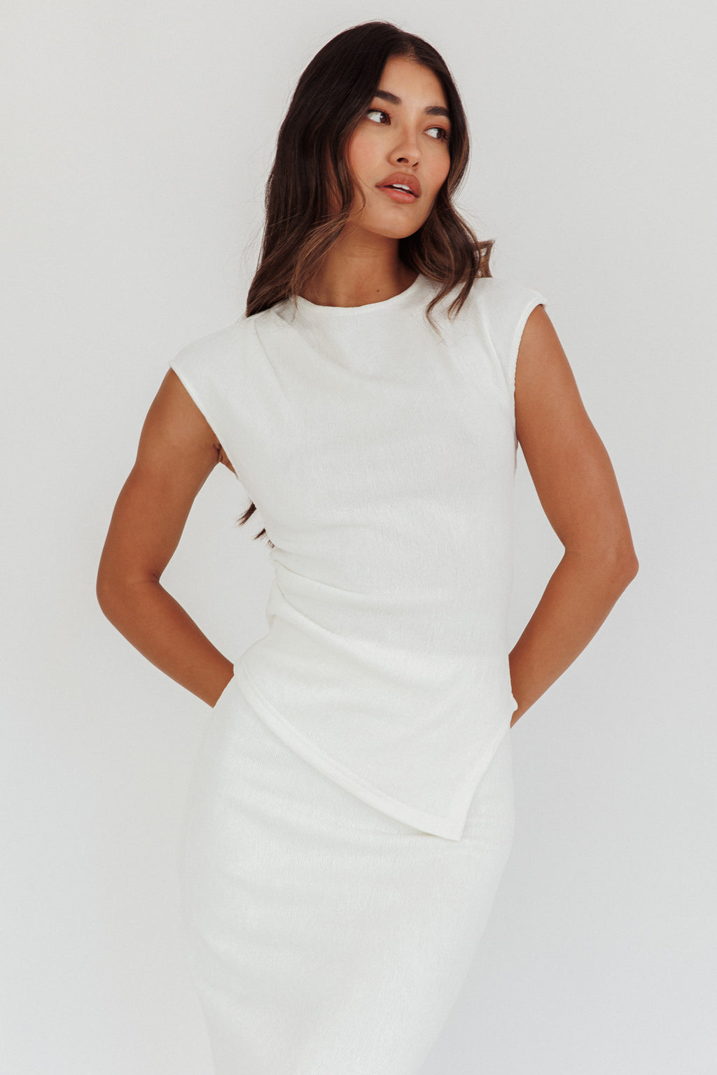 Calculated Cap Sleeve Ribbed Knit Top White by Selfie Leslie