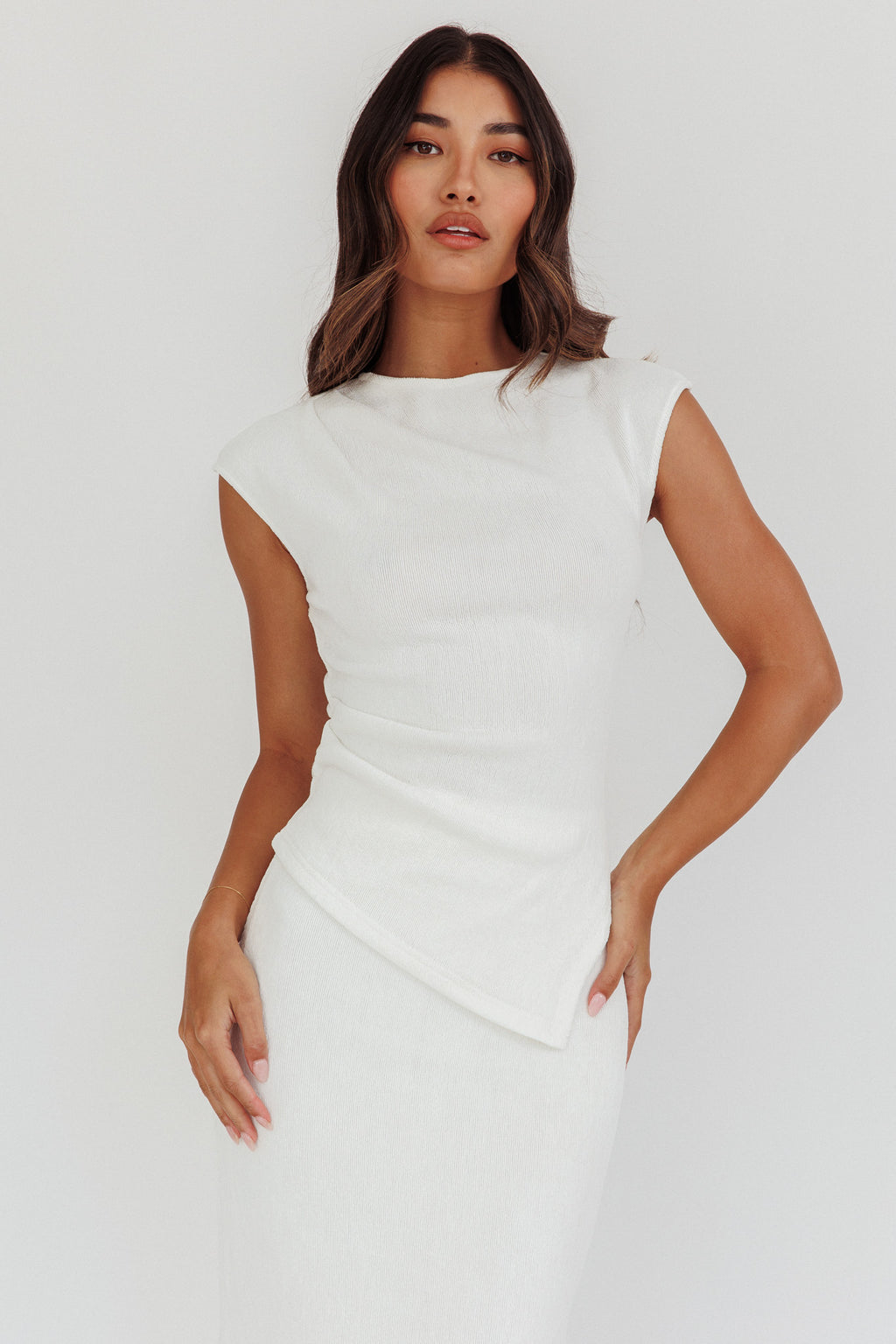 Calculated Cap Sleeve Ribbed Knit Top White by Selfie Leslie