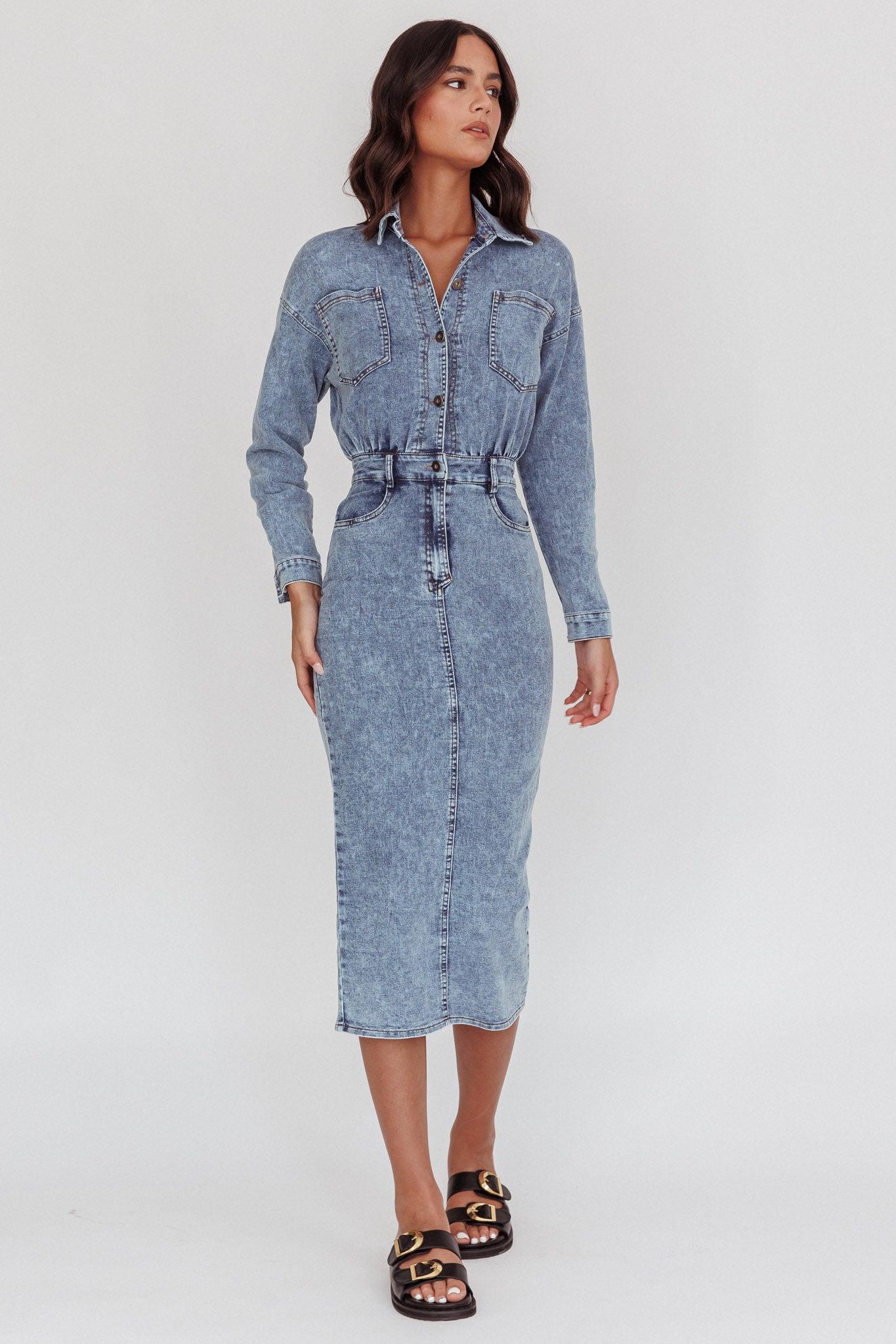 Light Inside Long Sleeve Midi Dress Denim Blue - Xs Light Inside Long Sleeve Midi Dress Denim Blue - Xs