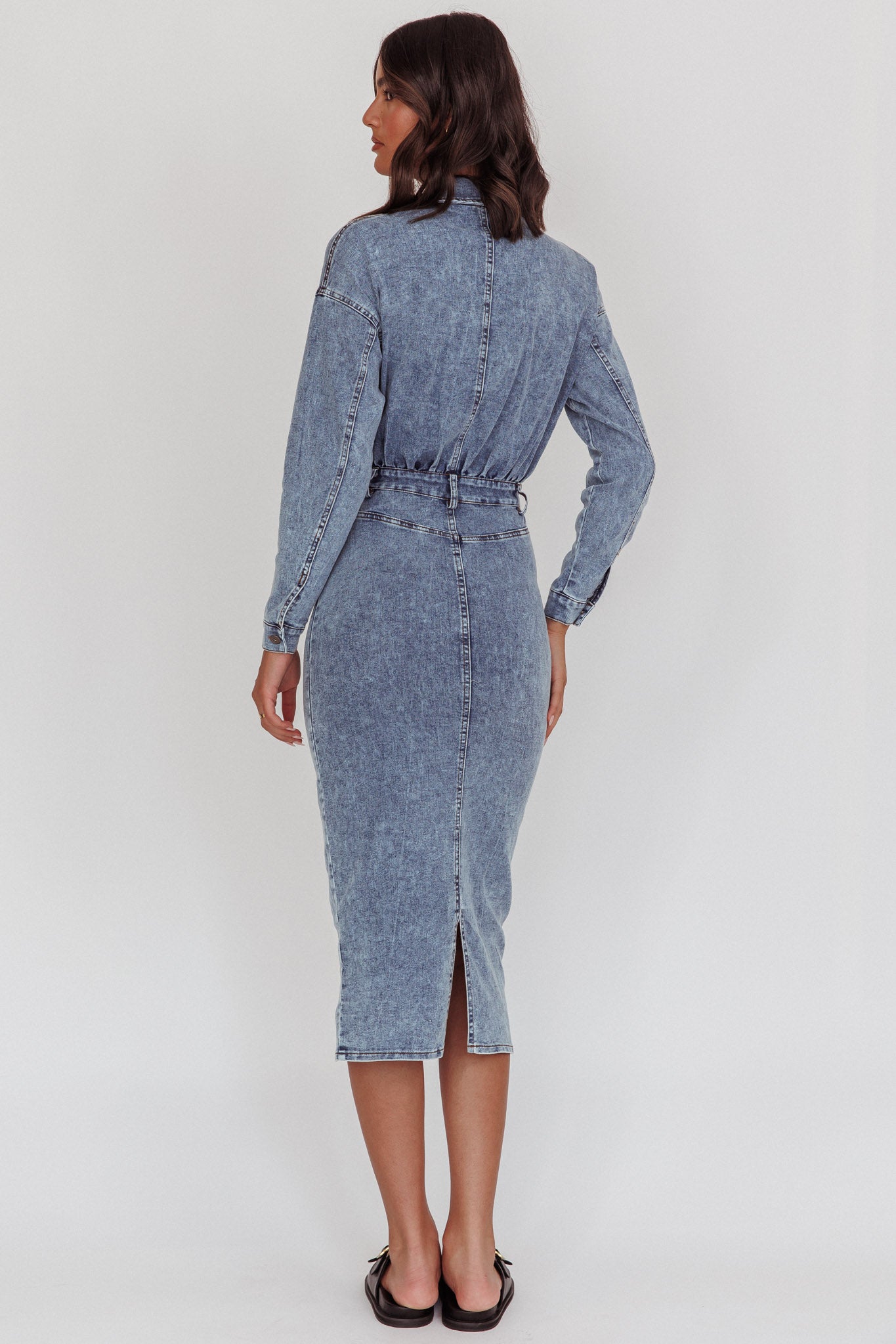 denim wrap dress midi Light Inside Long Sleeve Midi Dress Denim Blue