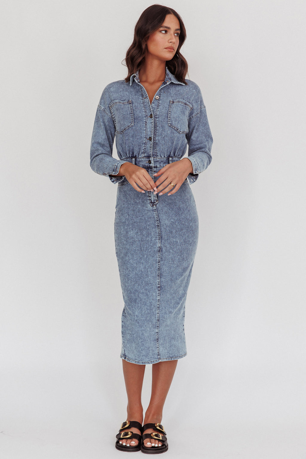 Light Inside Long Sleeve Midi Dress Denim Blue by Selfie Leslie
