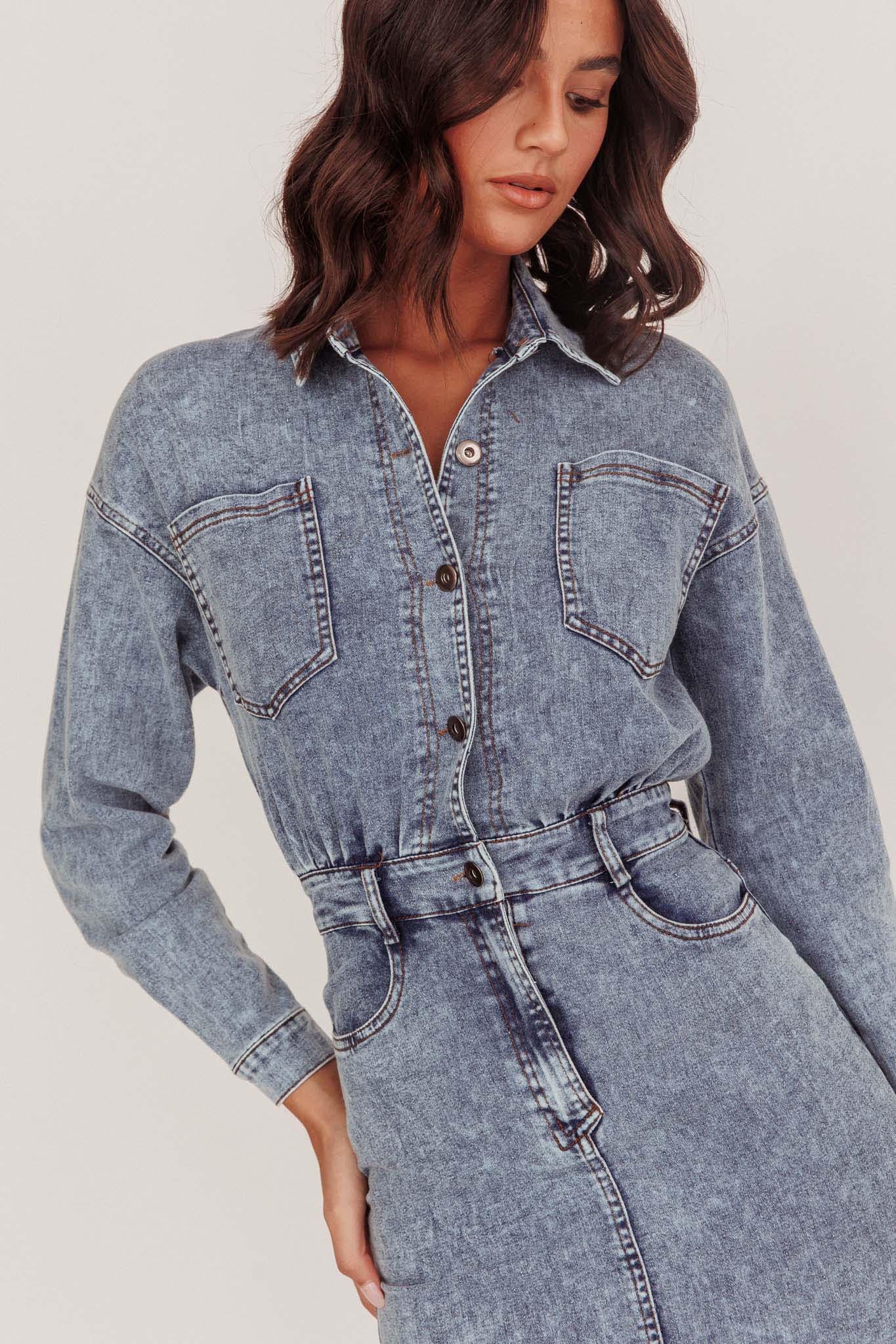 Light Inside Long Sleeve Midi Dress Denim Blue - M Light Inside Long Sleeve Midi Dress Denim Blue - M