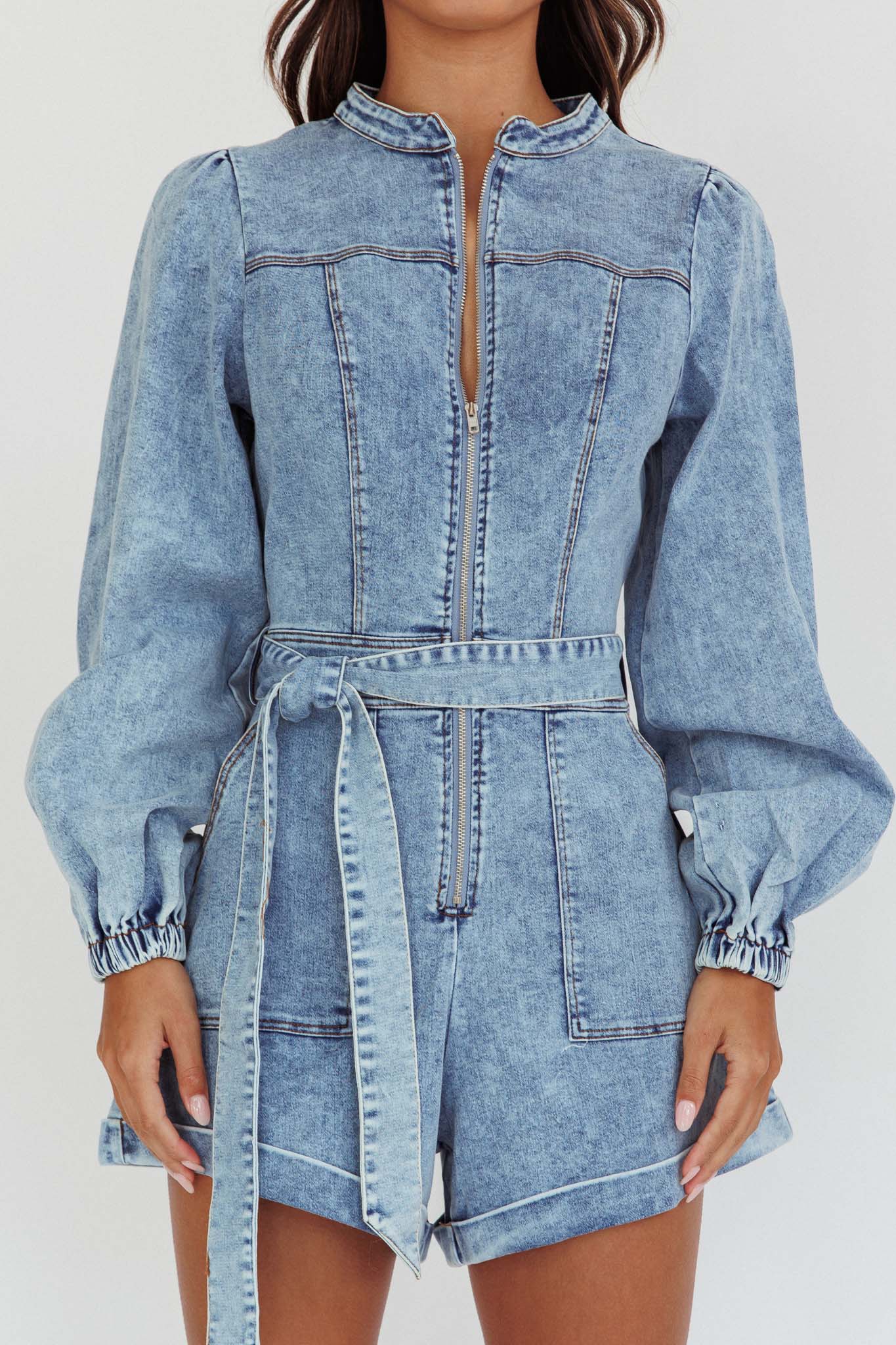 Real World Zip Front Romper Denim Blue by Selfie Leslie