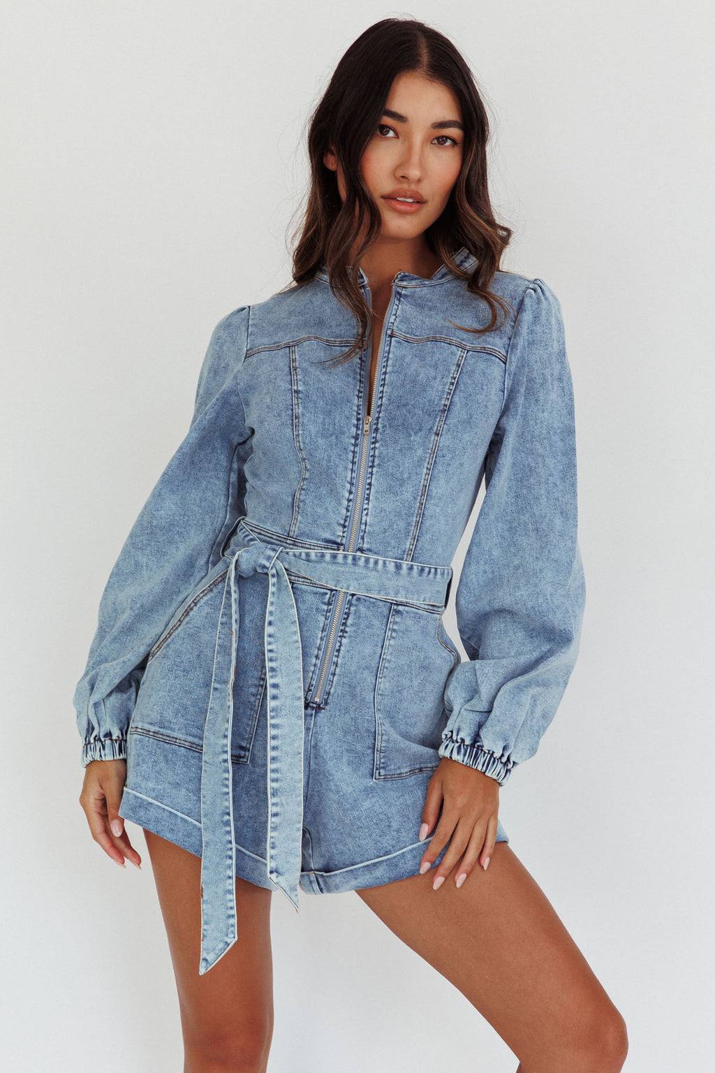 Real World Zip Front Romper Denim Blue by Selfie Leslie