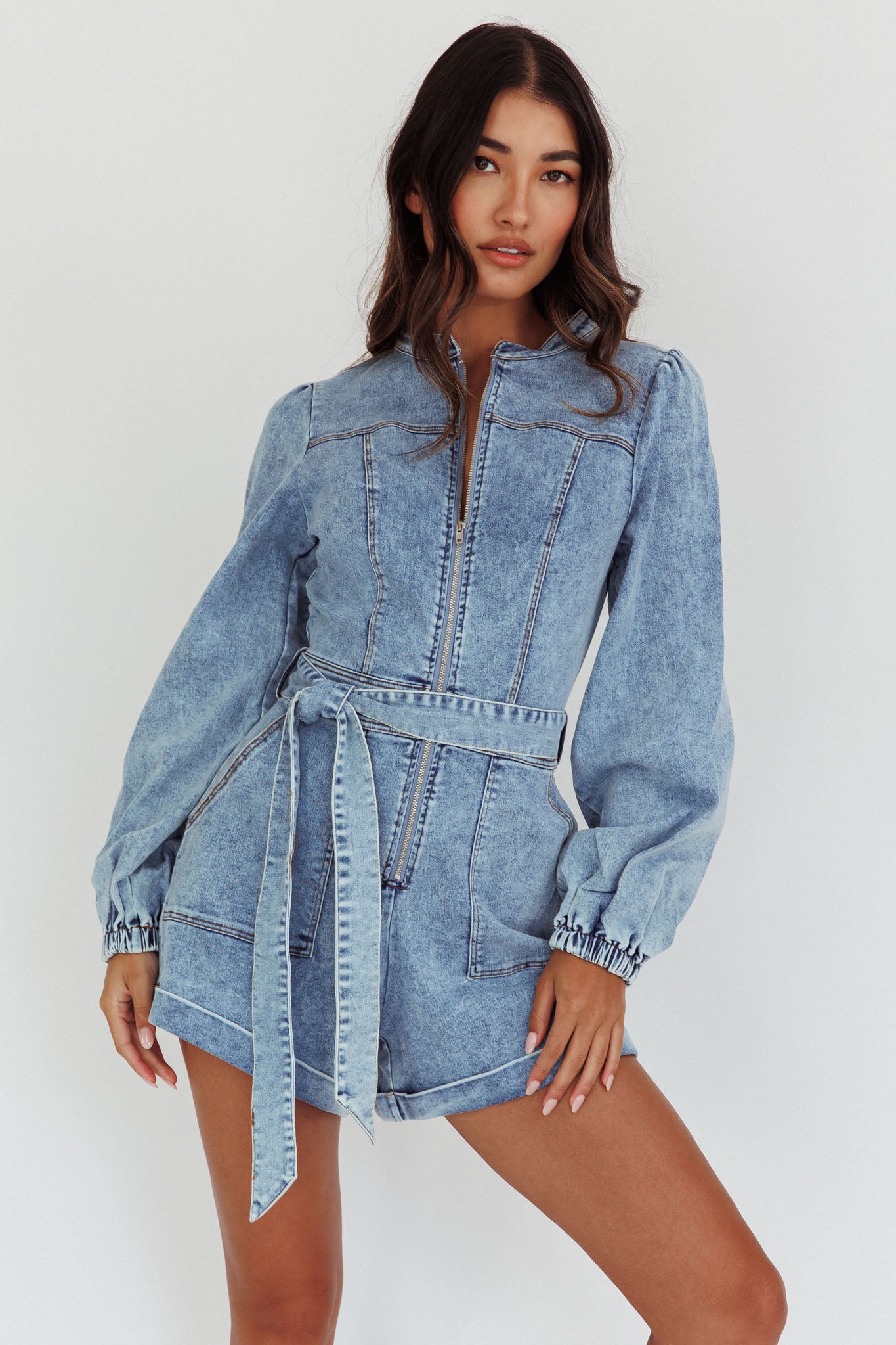 Real World Zip Front Romper Denim Blue by Selfie Leslie