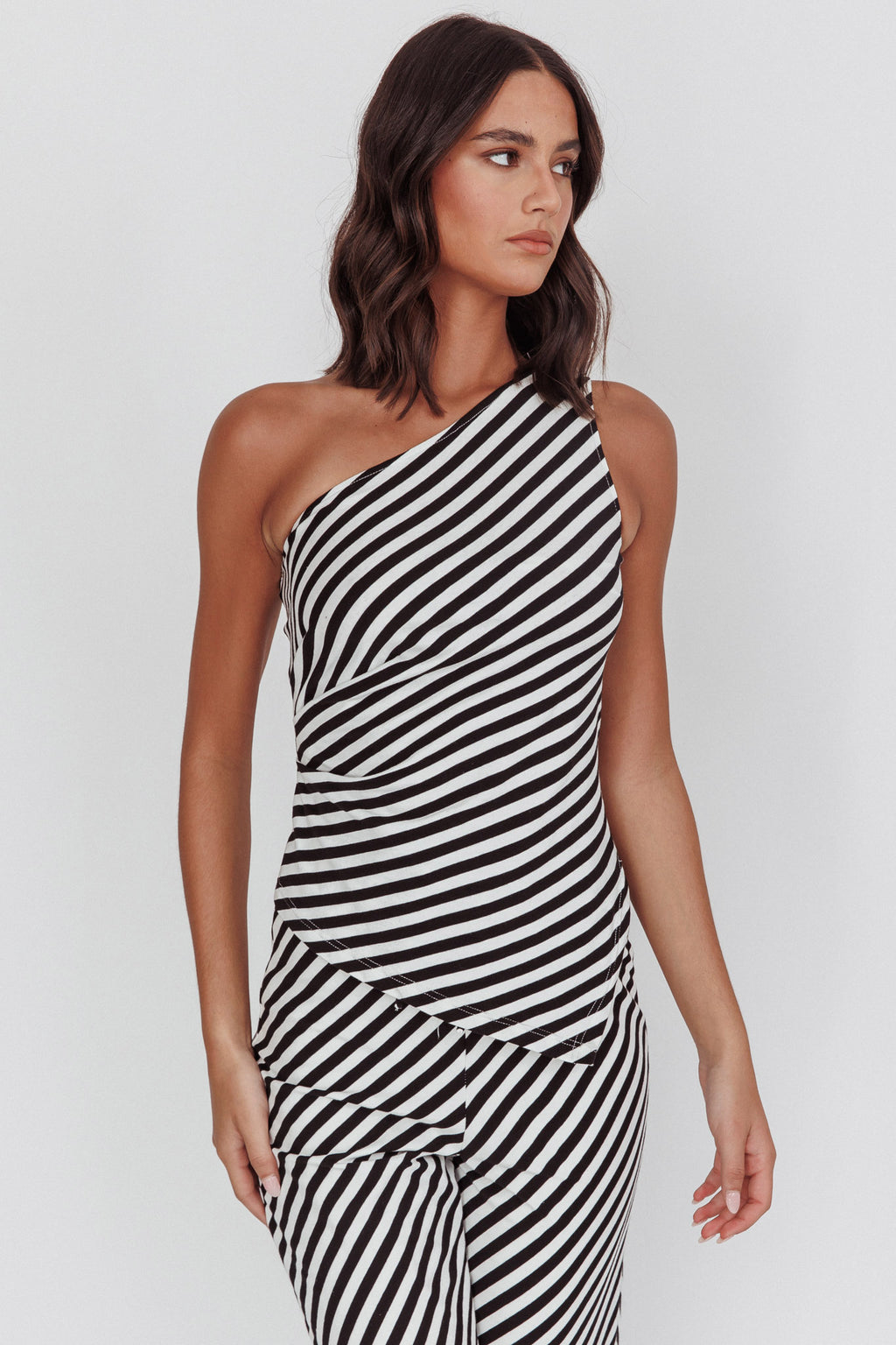 Golden Beach One-Shoulder Asymmetric Top Black Stripe by Selfie Leslie