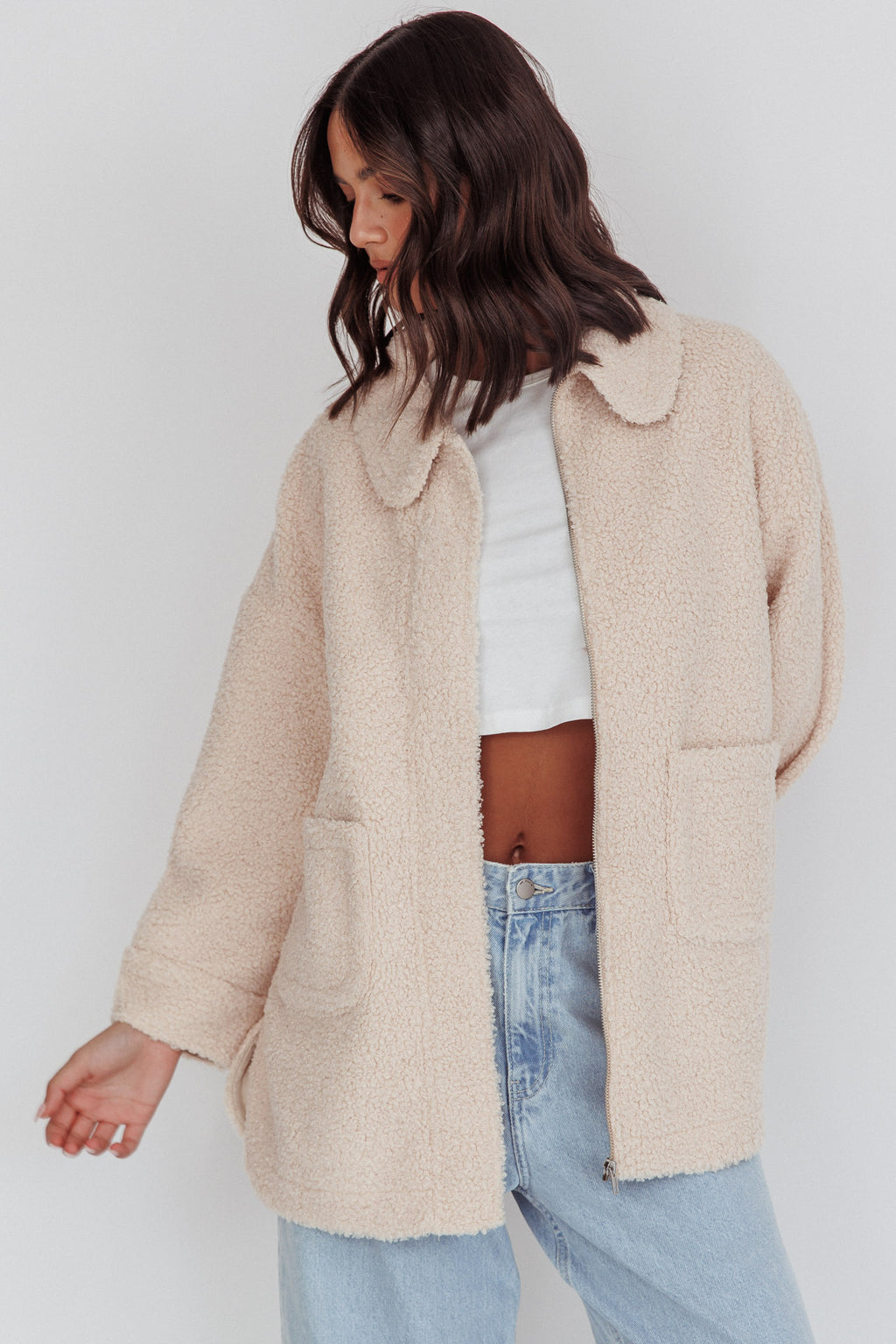 Peace & Serene Collared Sherpa Jacket Oat by Selfie Leslie