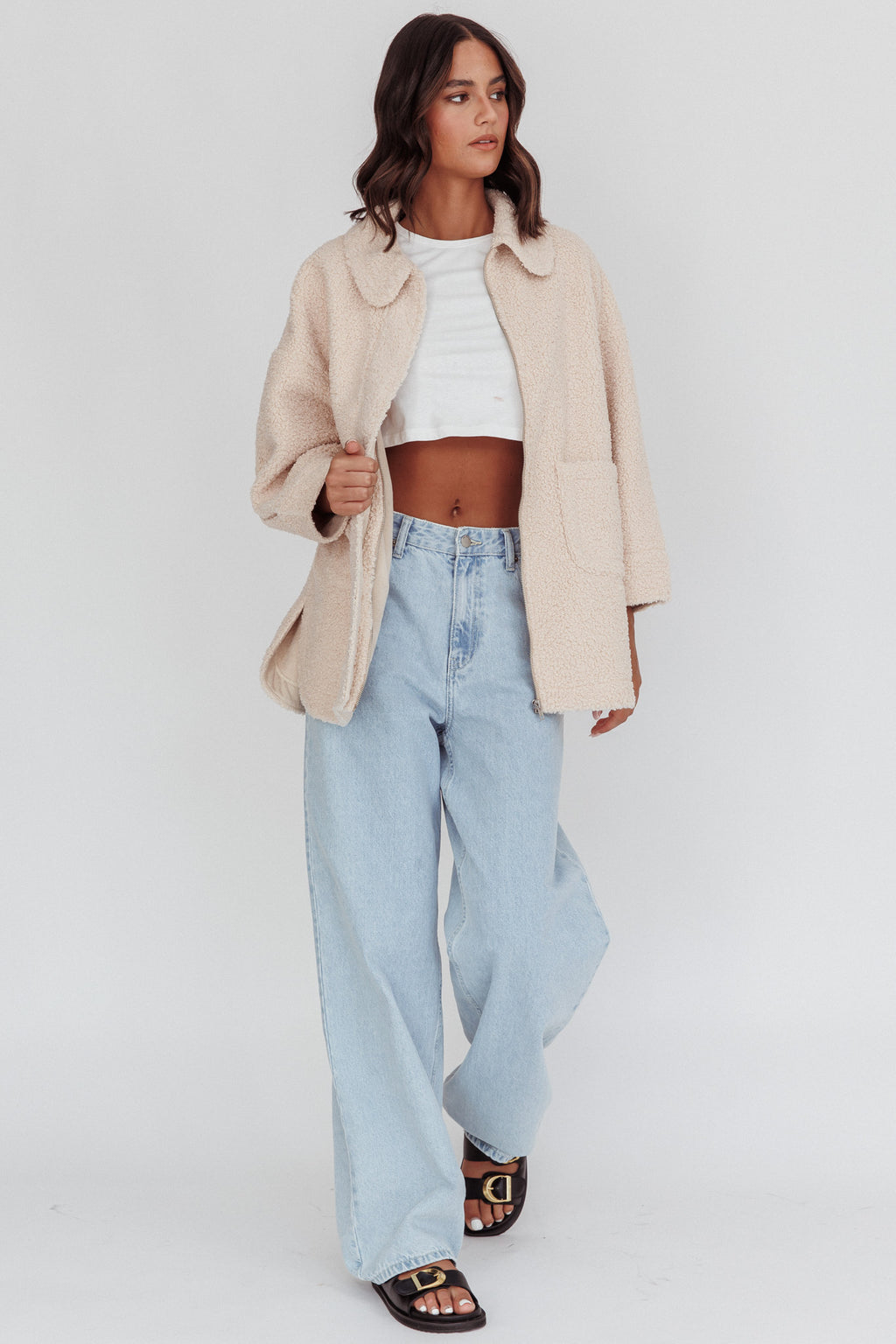 Peace & Serene Collared Sherpa Jacket Oat by Selfie Leslie