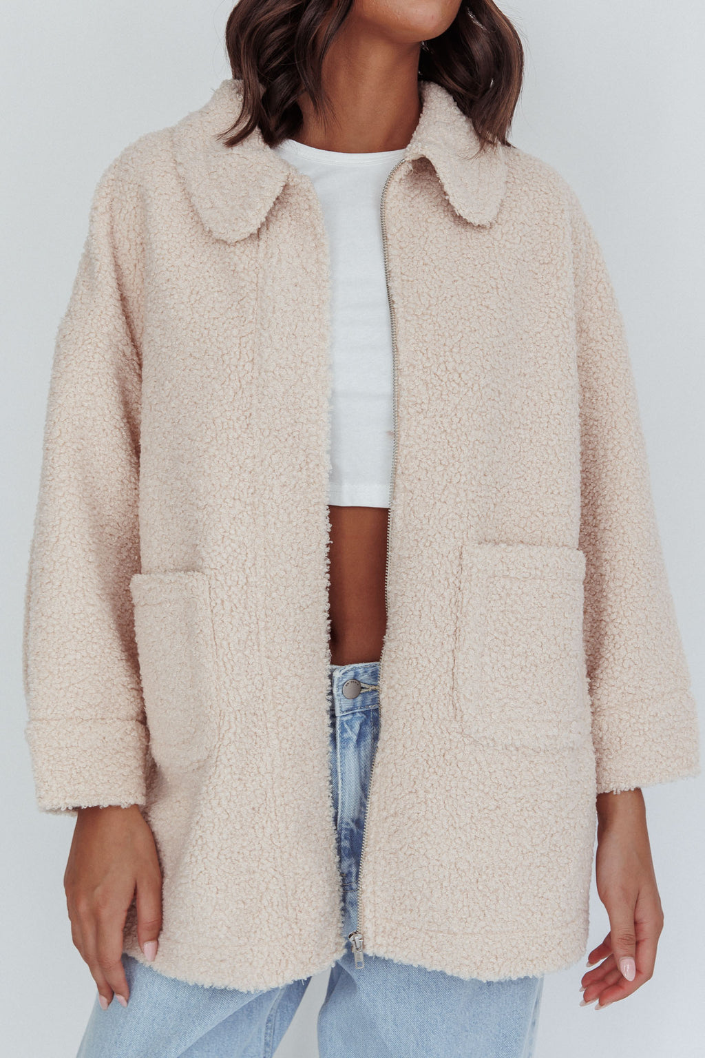 Peace & Serene Collared Sherpa Jacket Oat by Selfie Leslie