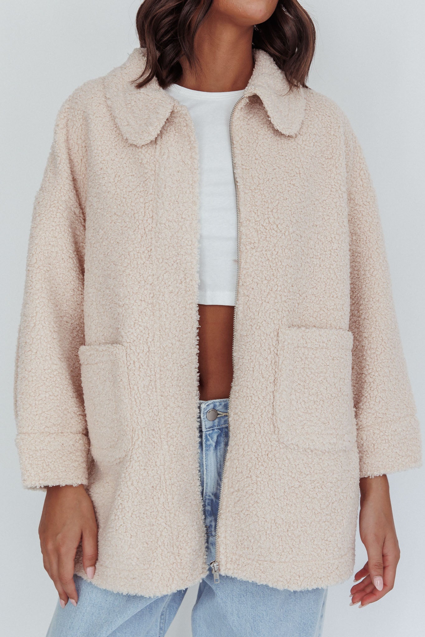 Peace & Serene Collared Sherpa Jacket Oat by Selfie Leslie