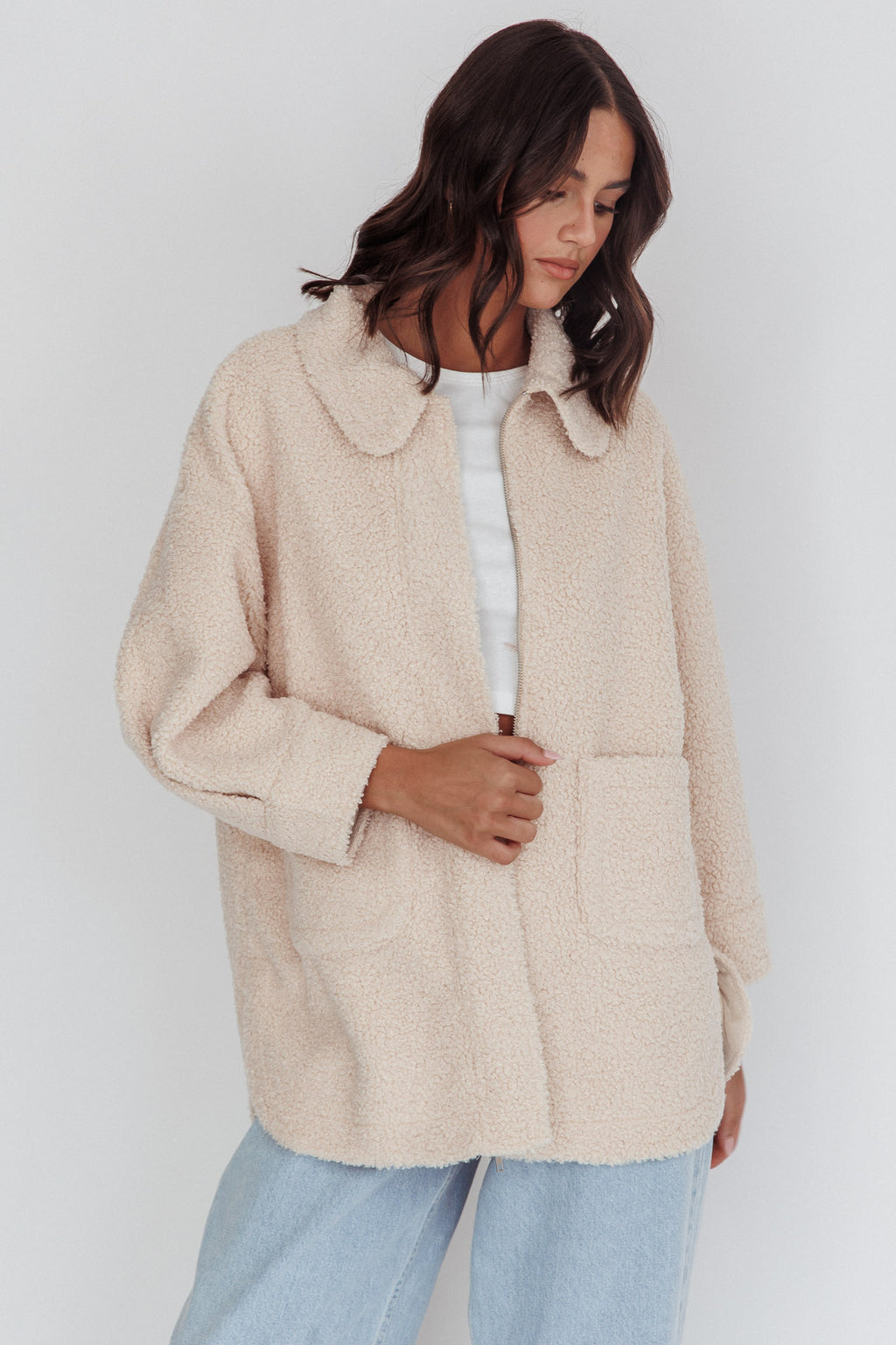 Peace & Serene Collared Sherpa Jacket Oat by Selfie Leslie