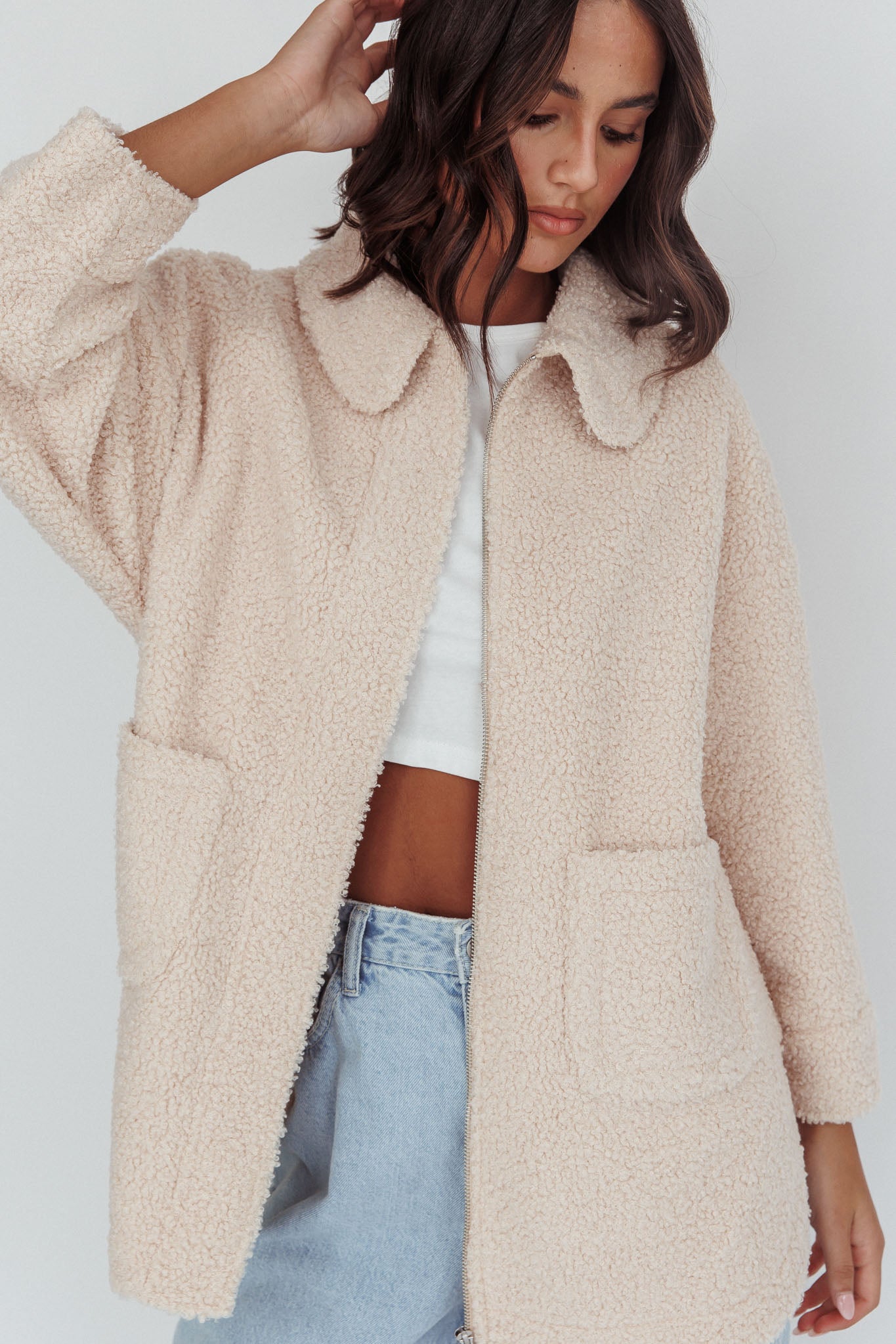 Peace & Serene Collared Sherpa Jacket Oat by Selfie Leslie