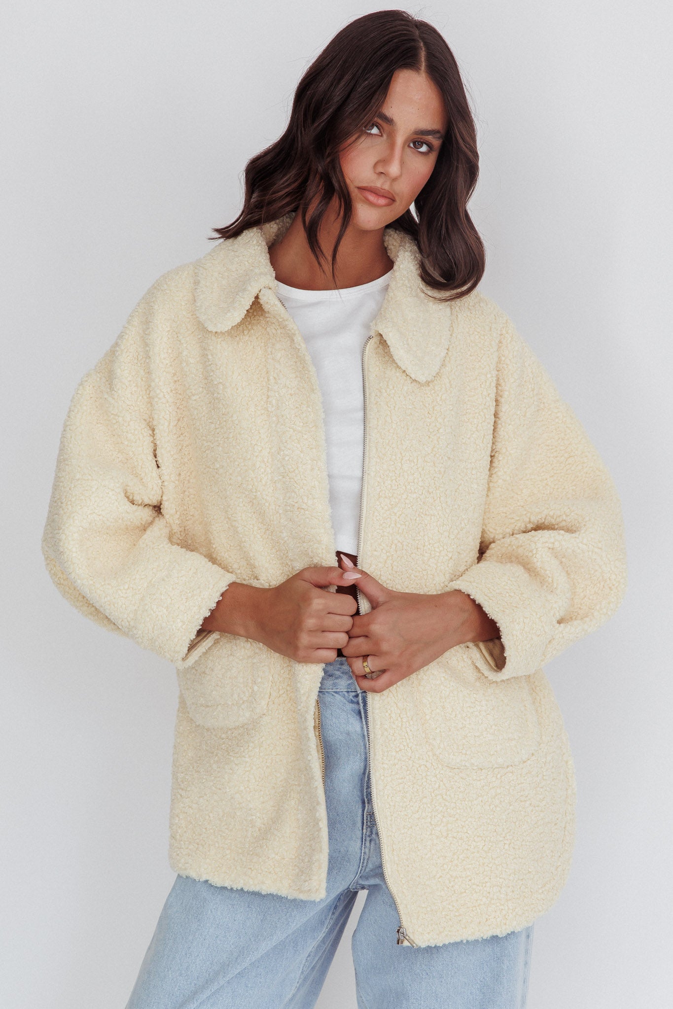 Peace & Serene Collared Sherpa Jacket Yellow by Selfie Leslie