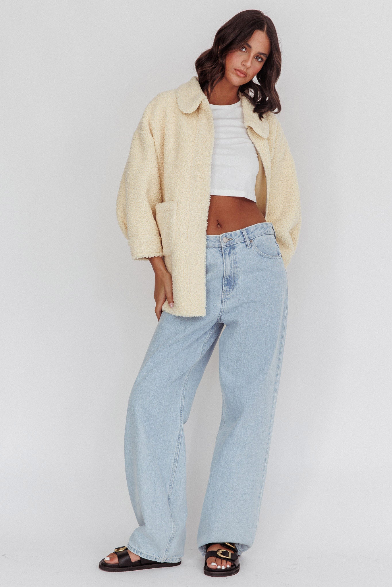 Peace & Serene Collared Sherpa Jacket Yellow by Selfie Leslie
